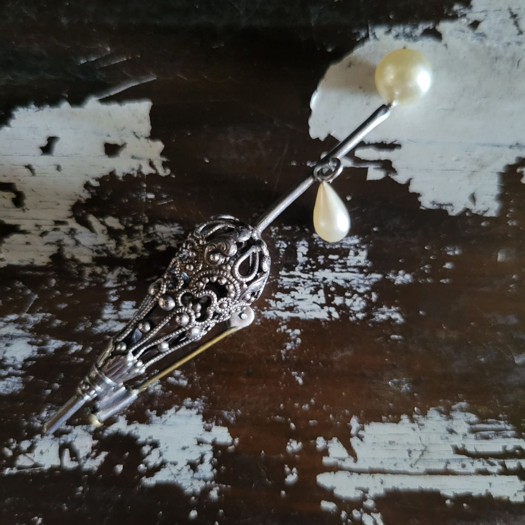 Antique Parasol Umbrella Brooch With Faux Pearls and Trombone Clasp