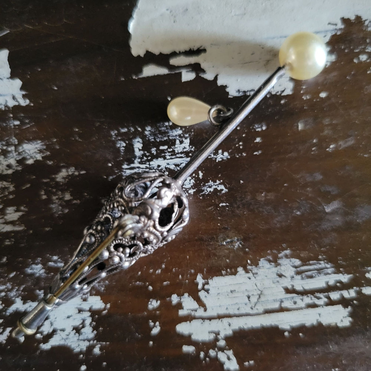 Antique Parasol Umbrella Brooch With Faux Pearls and Trombone Clasp