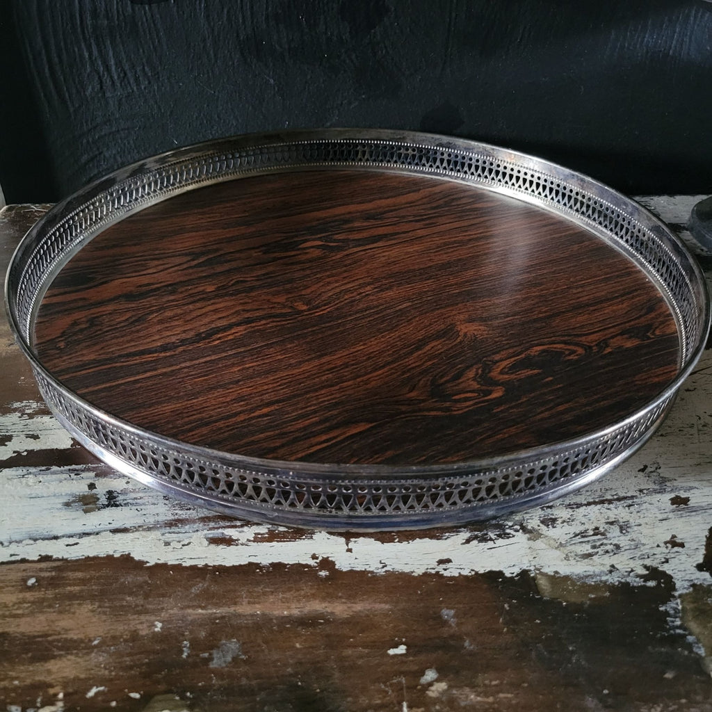 Vtg Sheffield Bar Tray Faux Wood Formica Surface & Pierced Silverplate Rim 14.5"