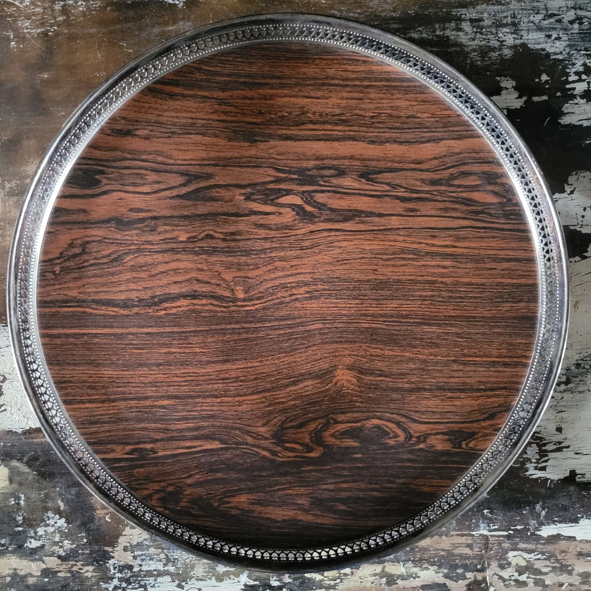 Vtg Sheffield Bar Tray Faux Wood Formica Surface & Pierced Silverplate Rim 14.5"