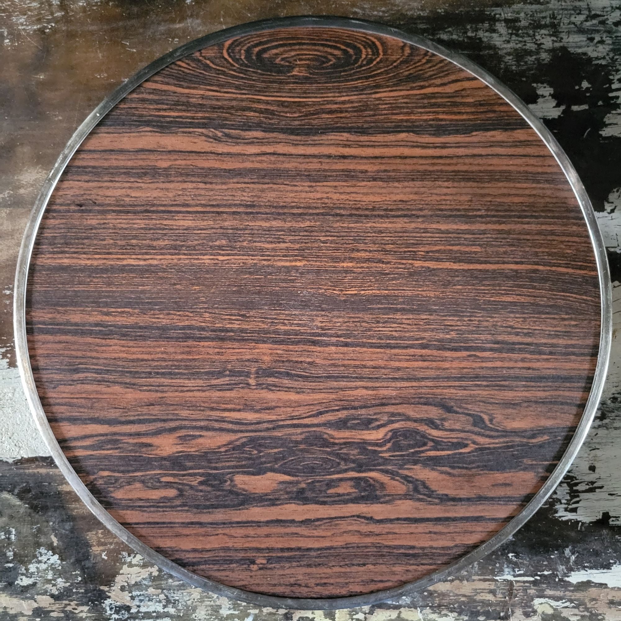 Vtg Sheffield Bar Tray Faux Wood Formica Surface & Pierced Silverplate Rim 14.5"