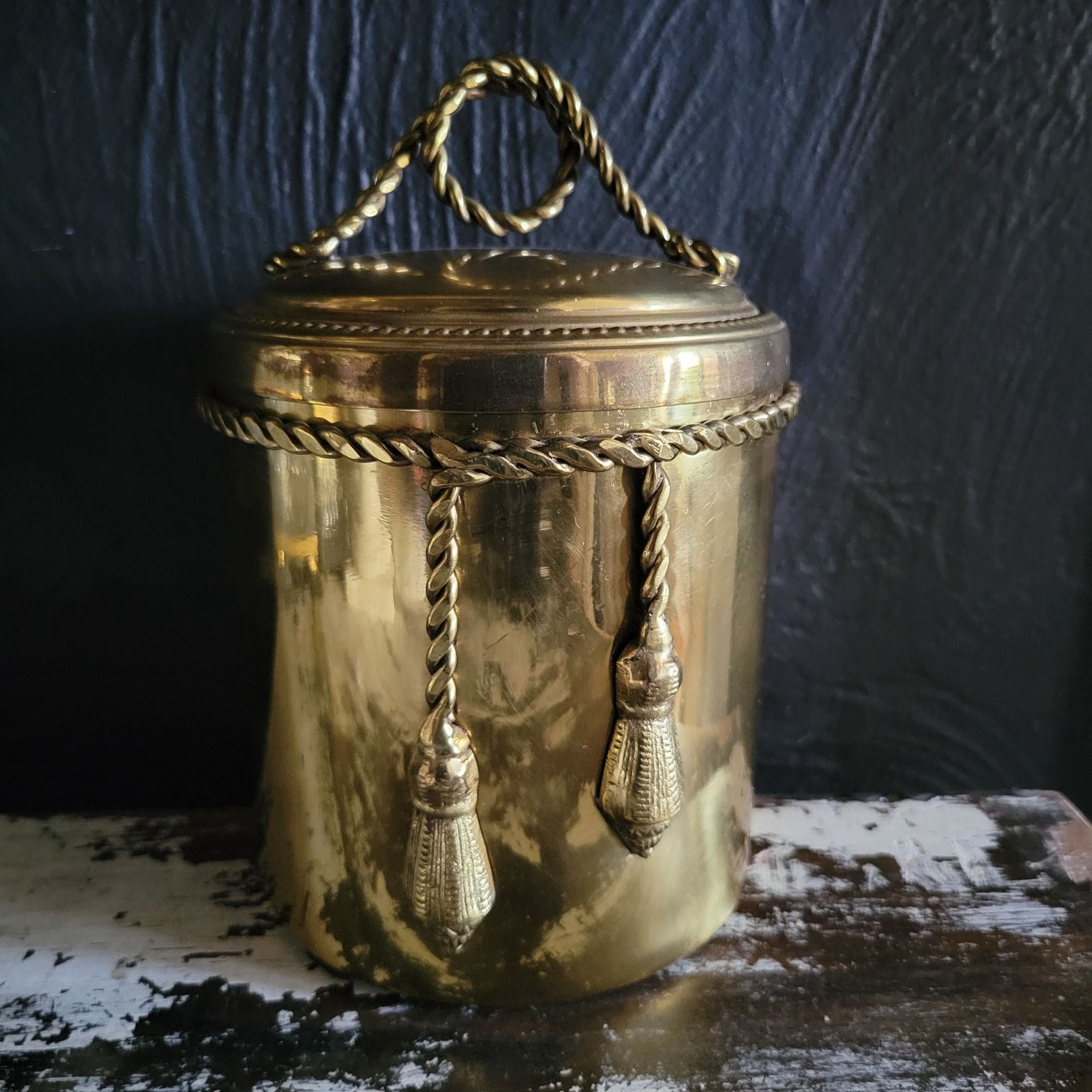 Vintage Ethan Allen Brass Canister With Braided Rope and Tassel Motif