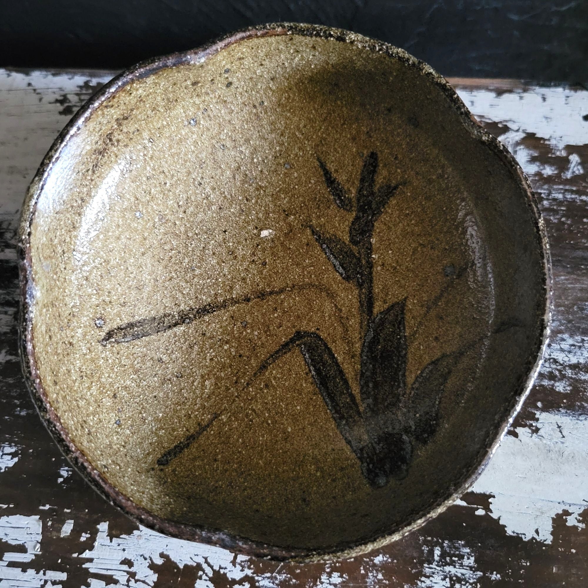 Vtg Japanese Studio Pottery Stoneware Bowl Bamboo Motif Rustic Glaze Artist Seal