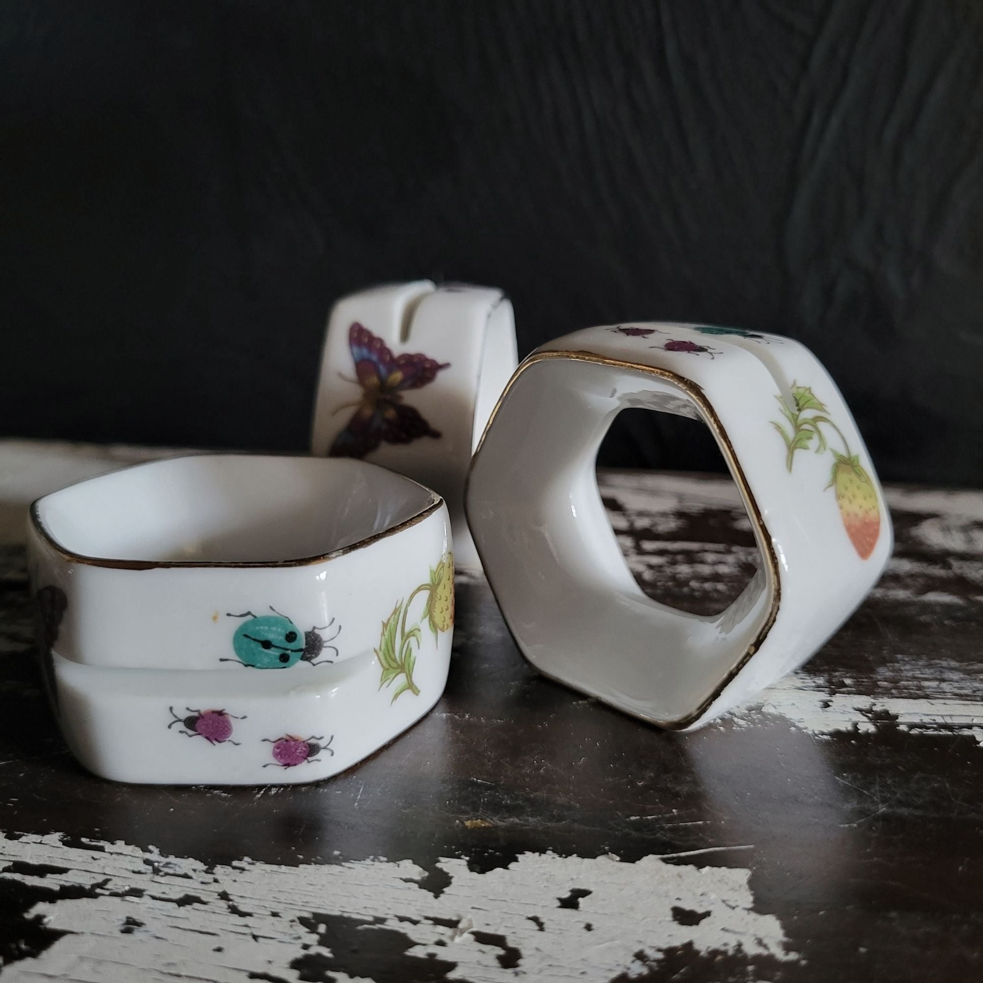 Ardalt Porcelain Napkin Ring/Place Card Holder Butterfly Ladybug Strawberry
