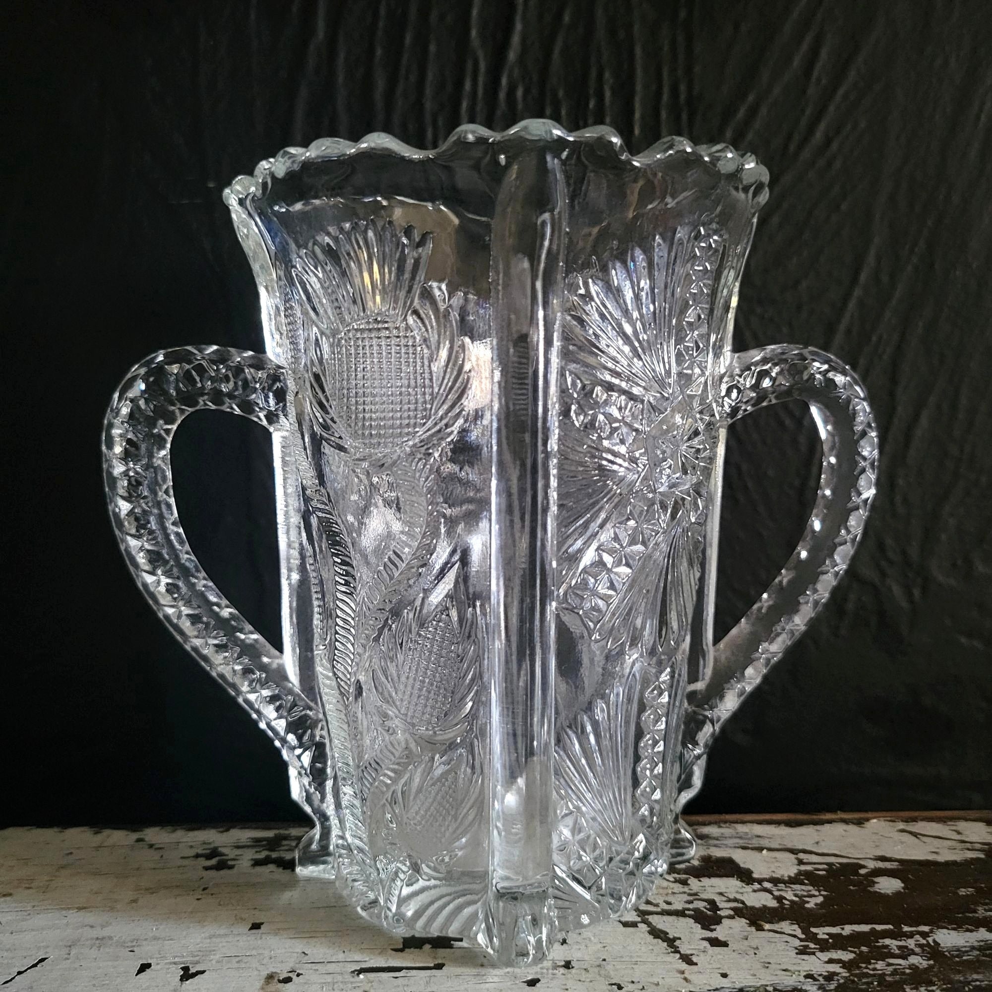 Antique JB Higbee Glass Inverted Thistle & Flower Two-Handled Spooner