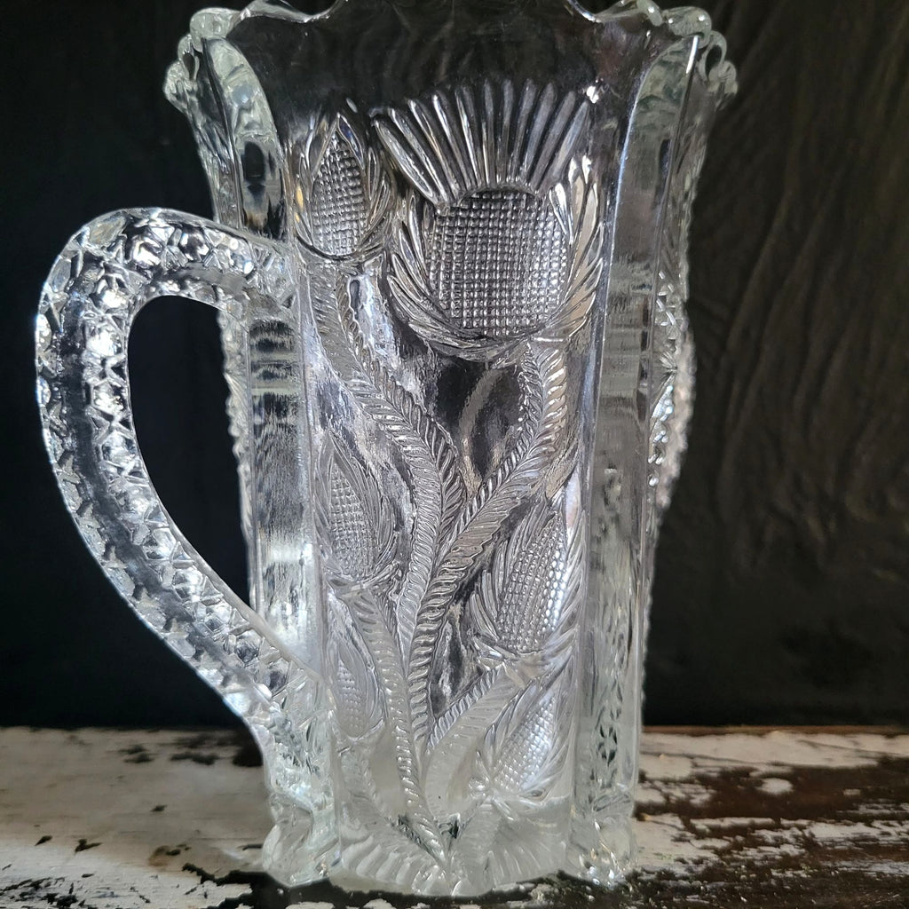 Antique JB Higbee Glass Inverted Thistle & Flower Two-Handled Spooner