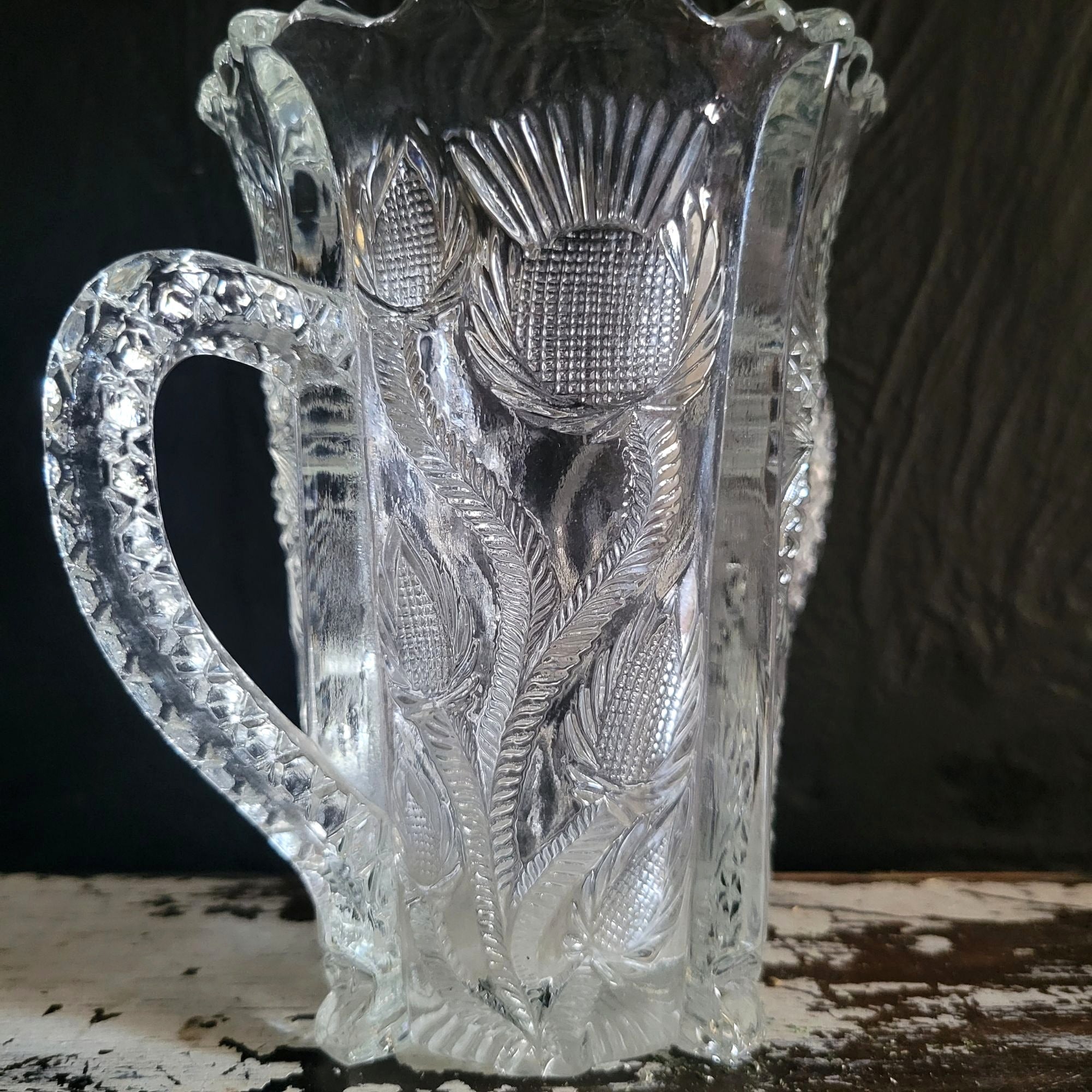 Antique JB Higbee Glass Inverted Thistle & Flower Two-Handled Spooner