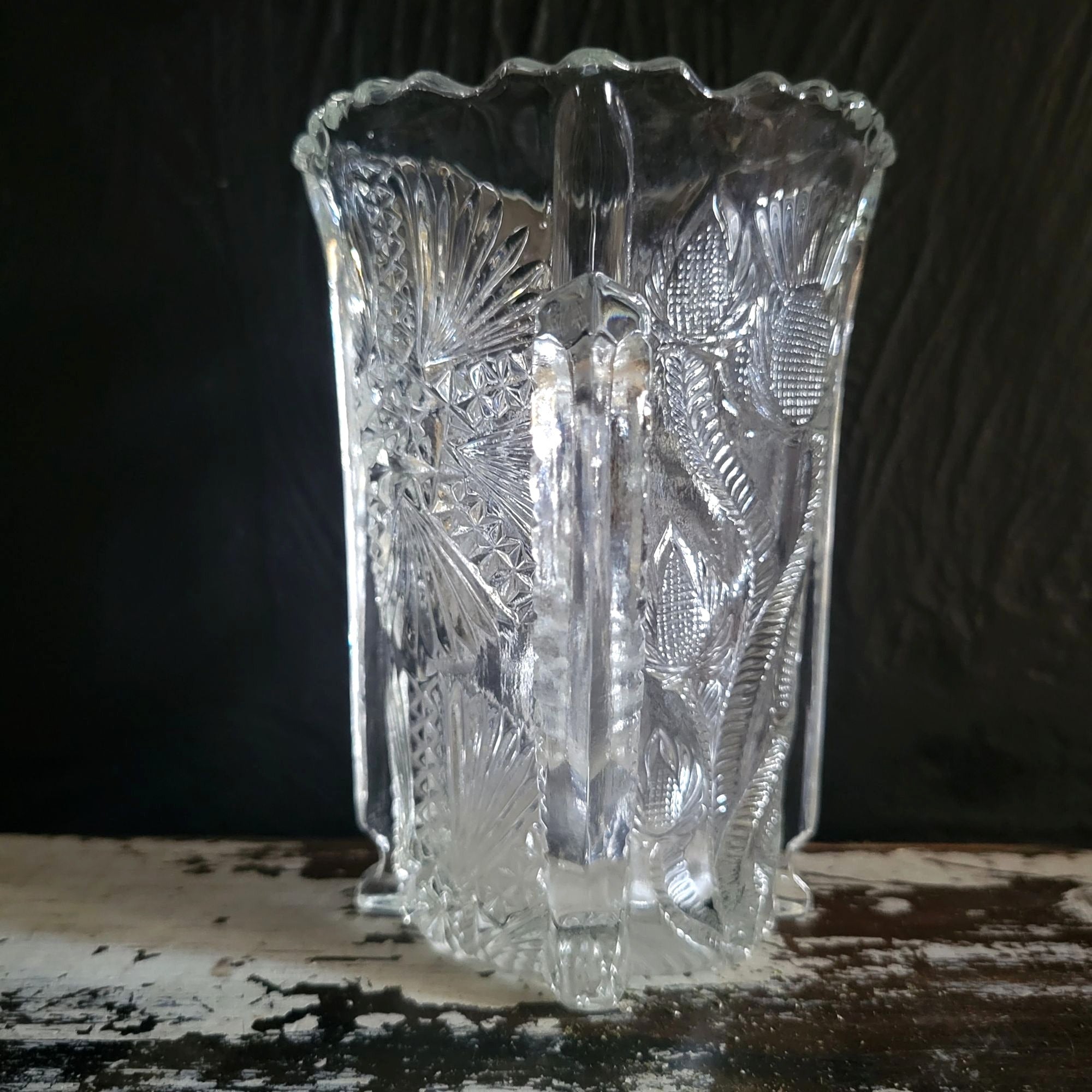 Antique JB Higbee Glass Inverted Thistle & Flower Two-Handled Spooner
