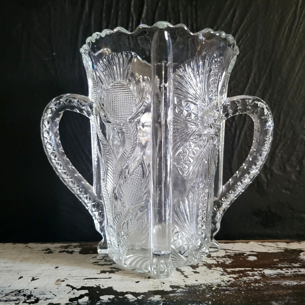 Antique JB Higbee Glass Inverted Thistle & Flower Two-Handled Spooner