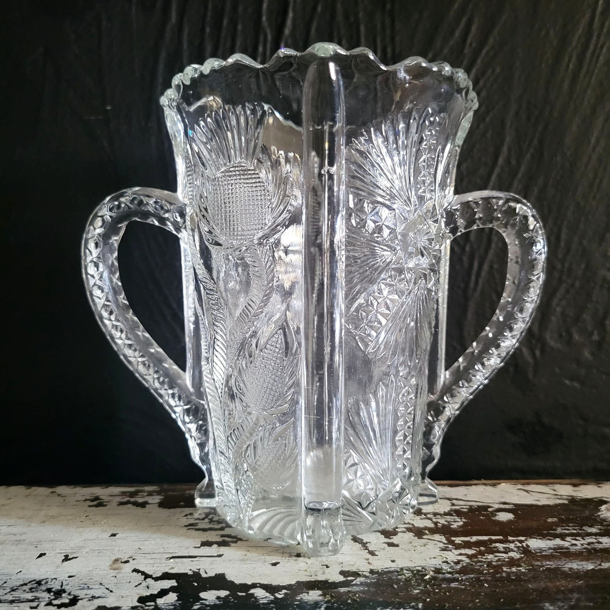 Antique JB Higbee Glass Inverted Thistle & Flower Two-Handled Spooner