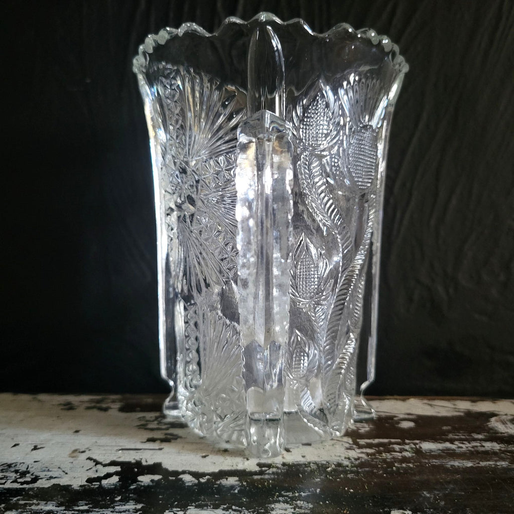 Antique JB Higbee Glass Inverted Thistle & Flower Two-Handled Spooner