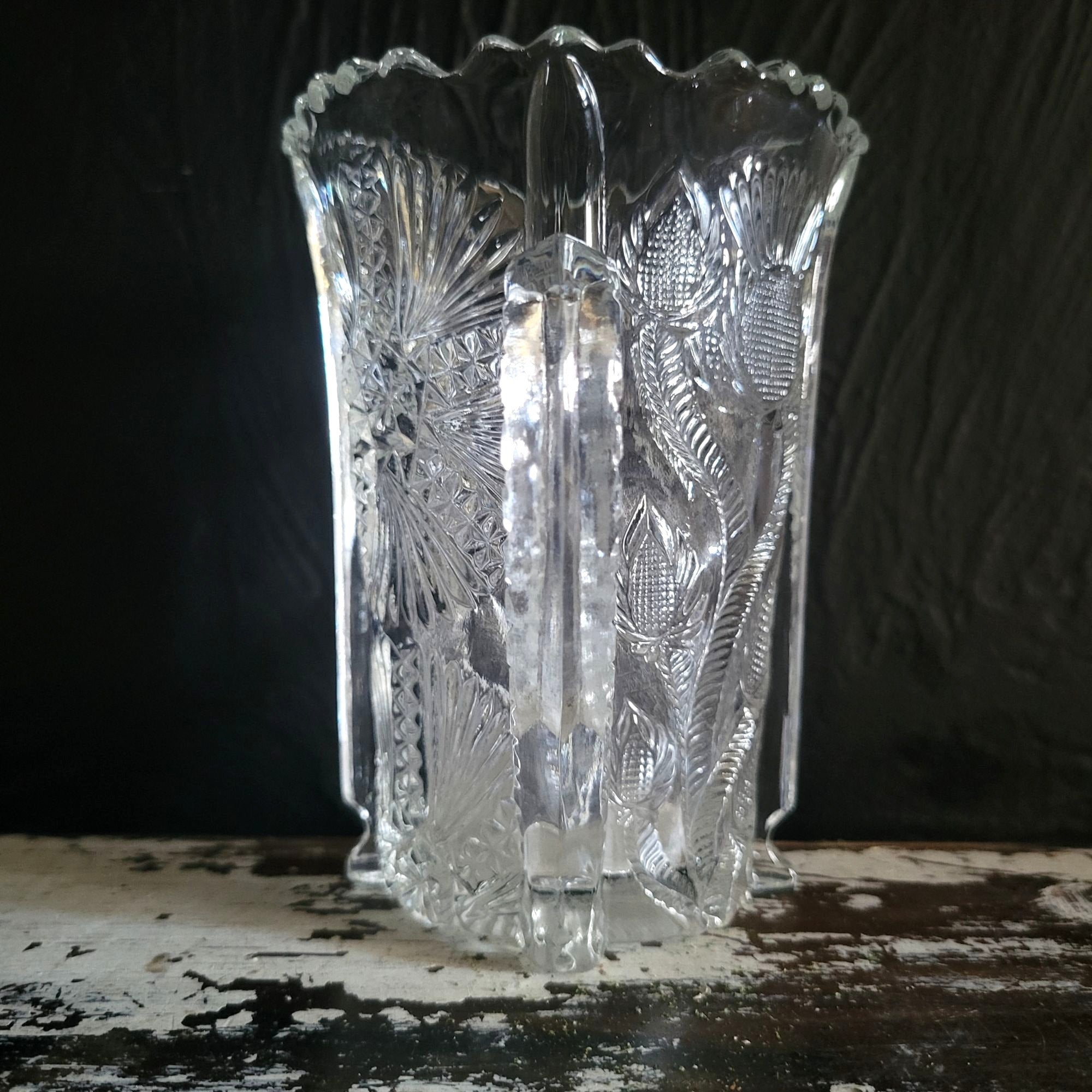 Antique JB Higbee Glass Inverted Thistle & Flower Two-Handled Spooner