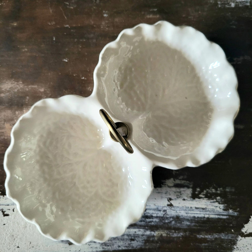 Vintage Stangl Pottery Double Cabbage Leaf Serving Dish Brass Center Handle