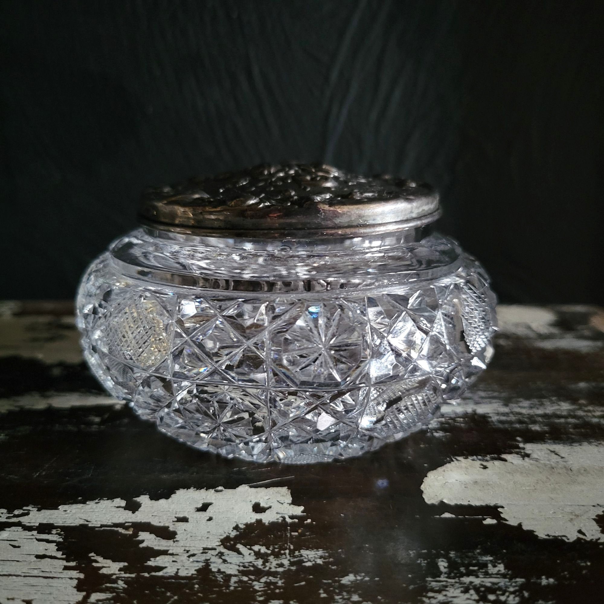 Vintage Gorham Crystal Vanity Jar With Silverplate Repoussé Rose Design Lid
