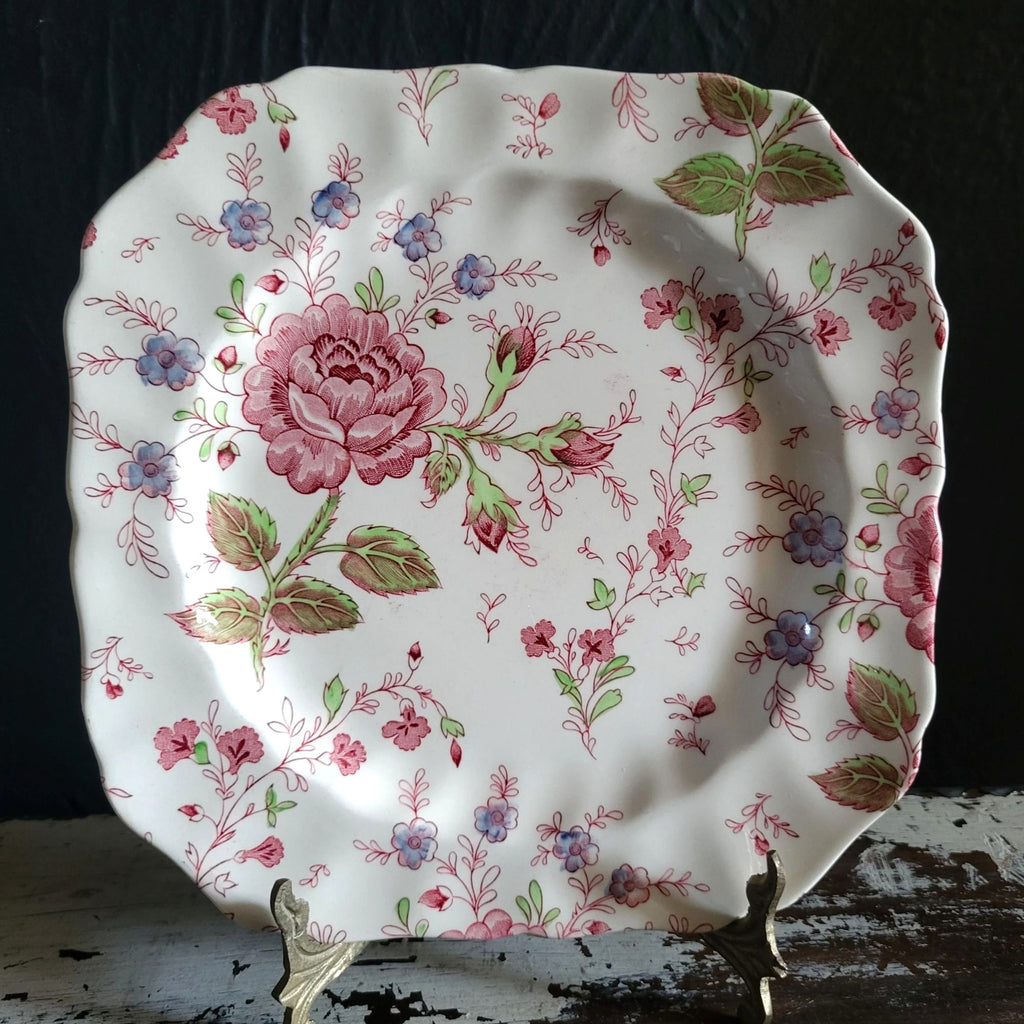 Vtg Johnson Brothers Rose Chintz Square Salad Plate Pink Backstamp *Chip