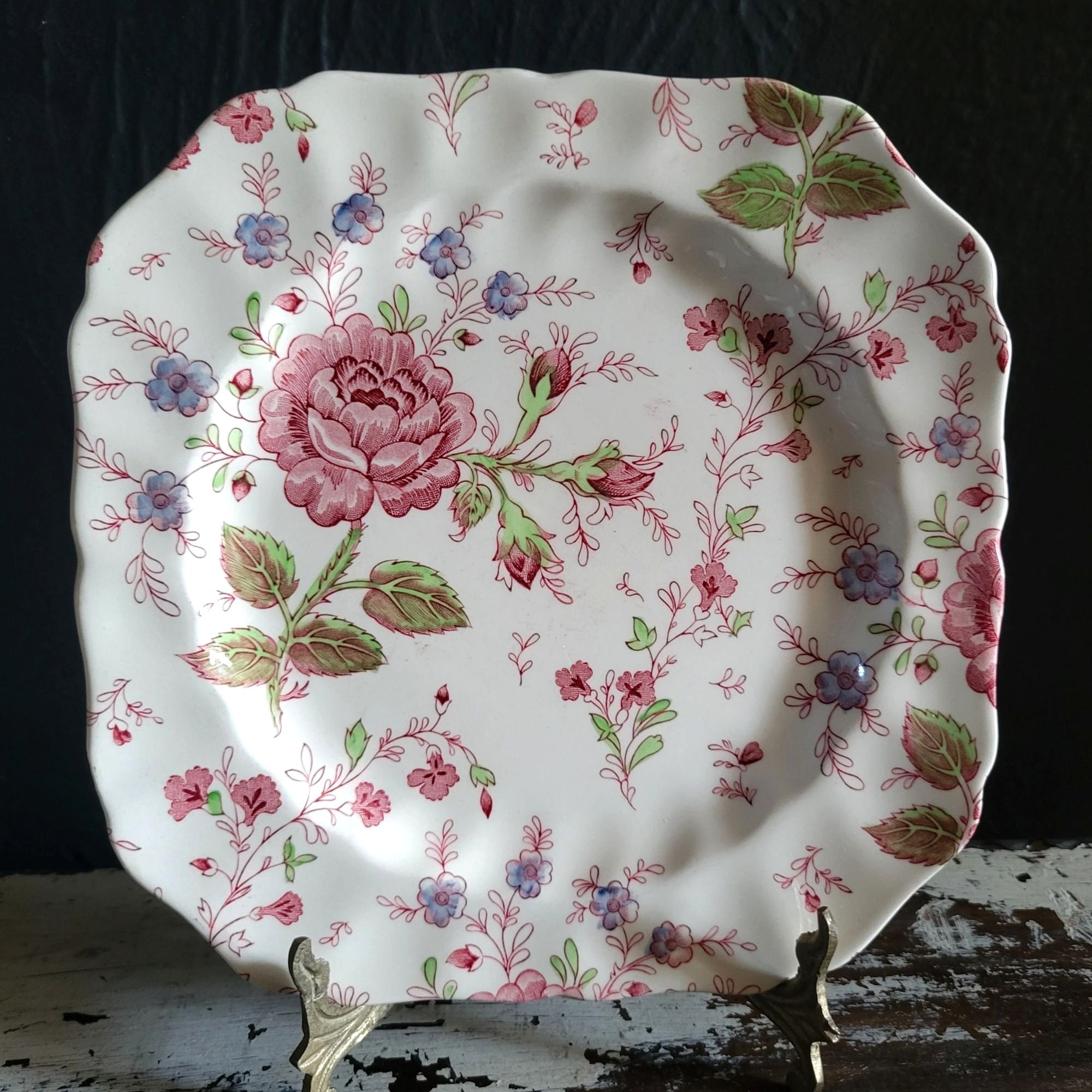 Vtg Johnson Brothers Rose Chintz Square Salad Plate Pink Backstamp *Chip