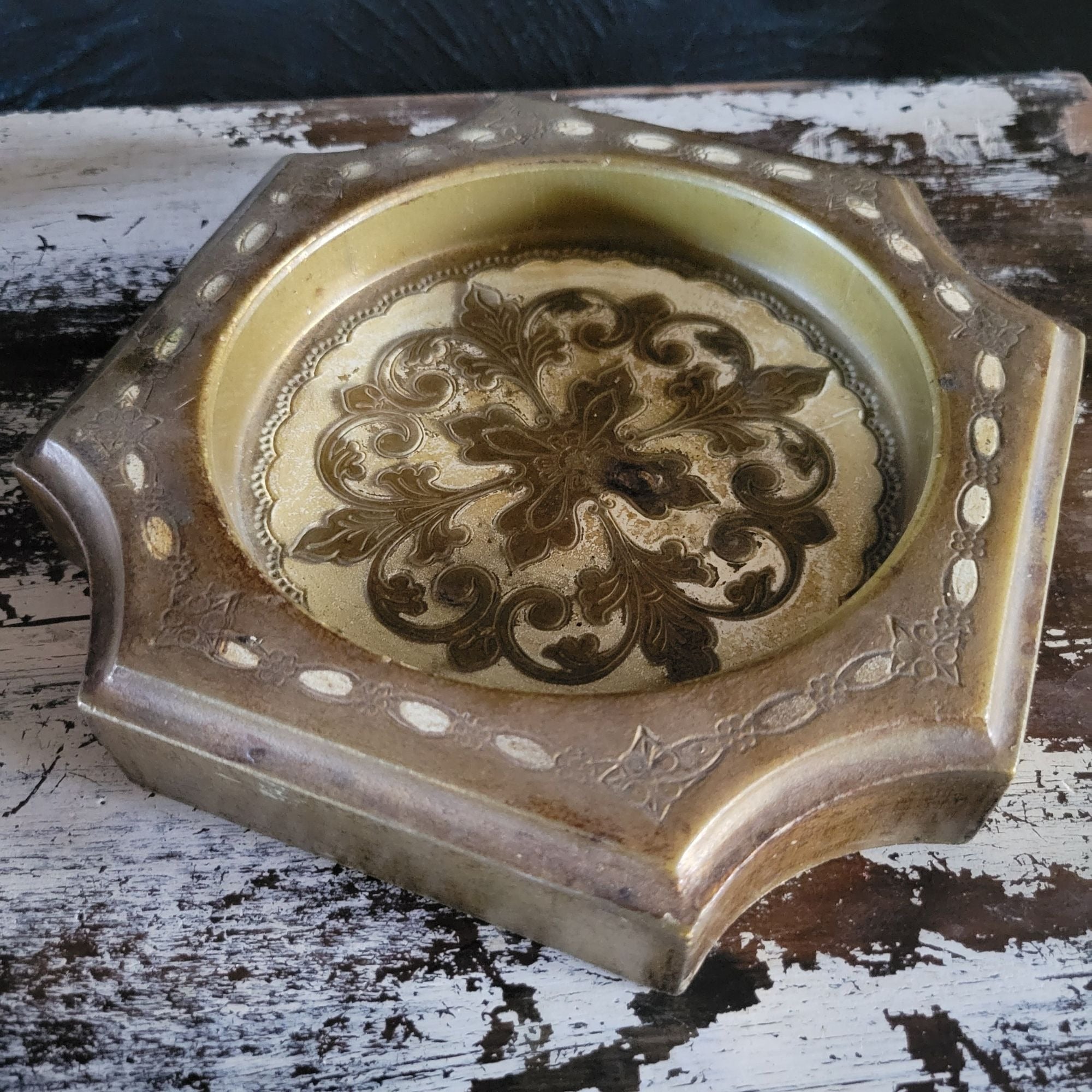 Vintage Italian Florentine Octagonal Catchall Dish Baroque Design Plastic *Read