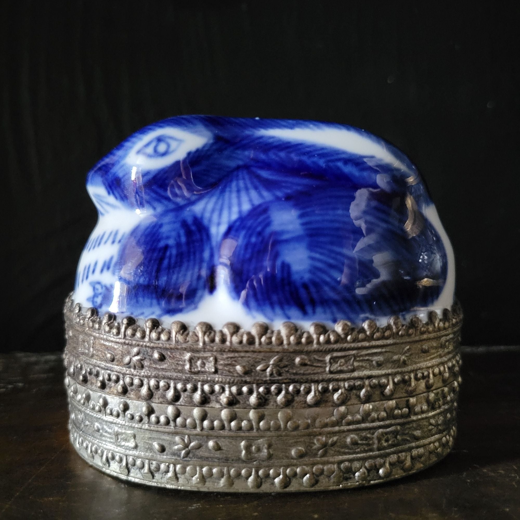 Vintage Chinese Blue White Chinoiserie Porcelain and Metal Rabbit Bunny Box