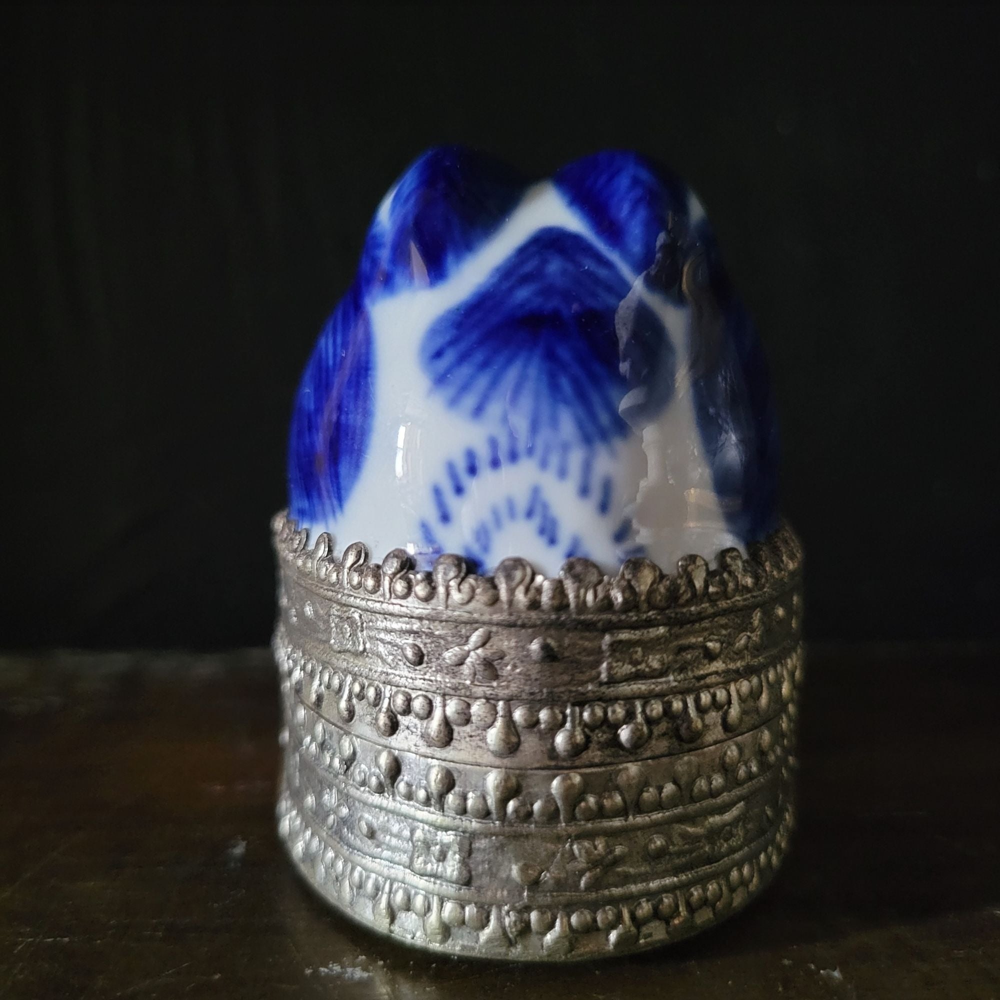 Vintage Chinese Blue White Chinoiserie Porcelain and Metal Rabbit Bunny Box