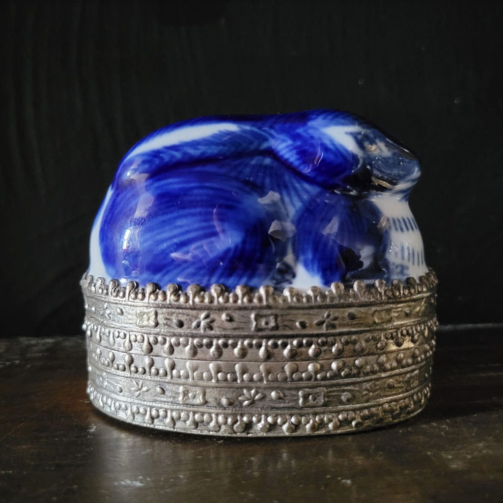 Vintage Chinese Blue White Chinoiserie Porcelain and Metal Rabbit Bunny Box