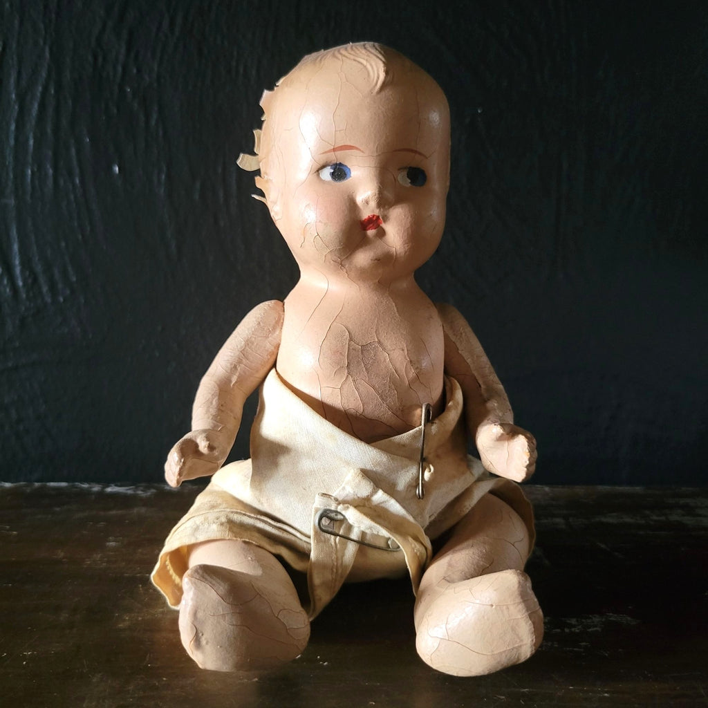 Antique Composition Doll w/Diaper Creepy Doll Spooky Halloween Decor Distressed