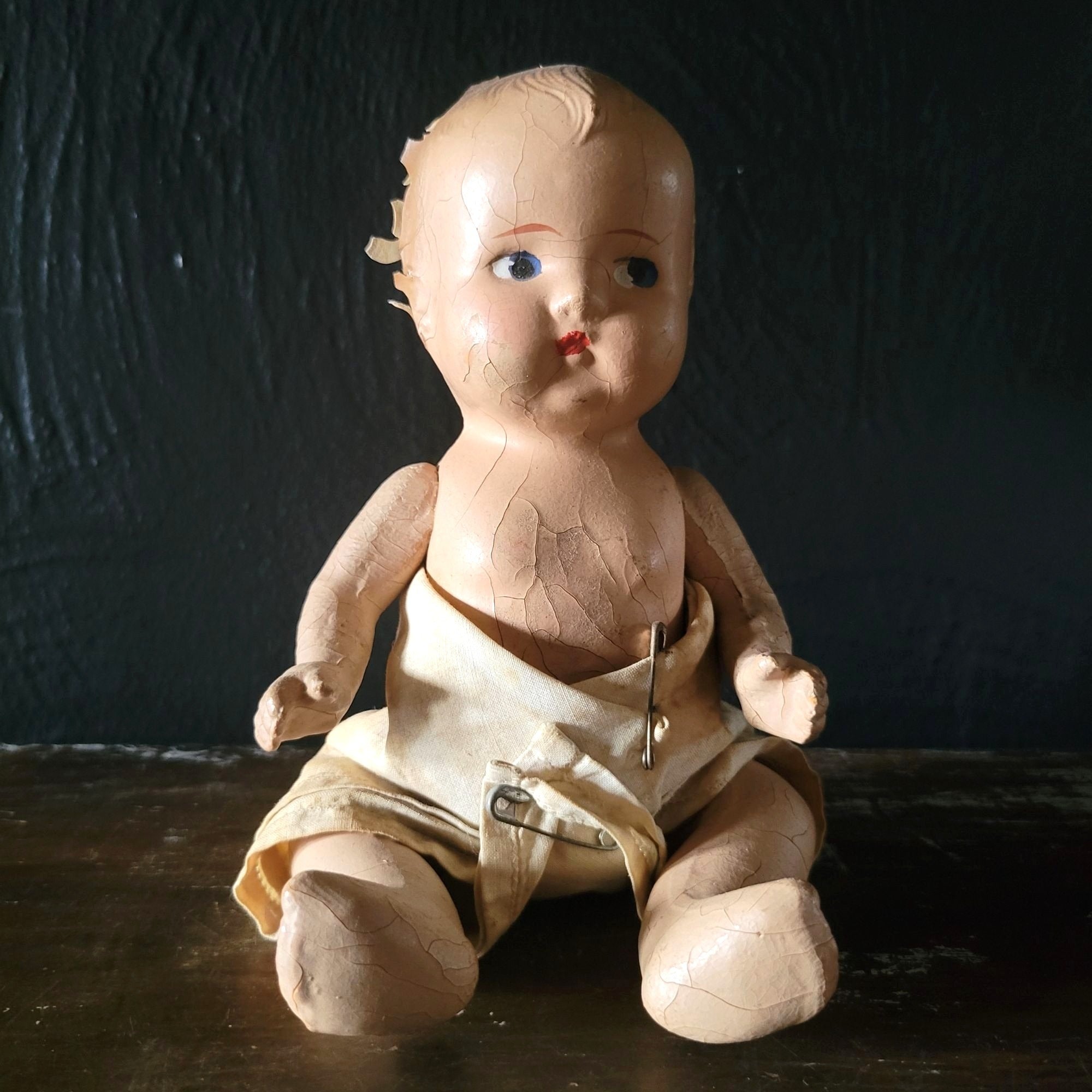 Antique Composition Doll w/Diaper Creepy Doll Spooky Halloween Decor Distressed
