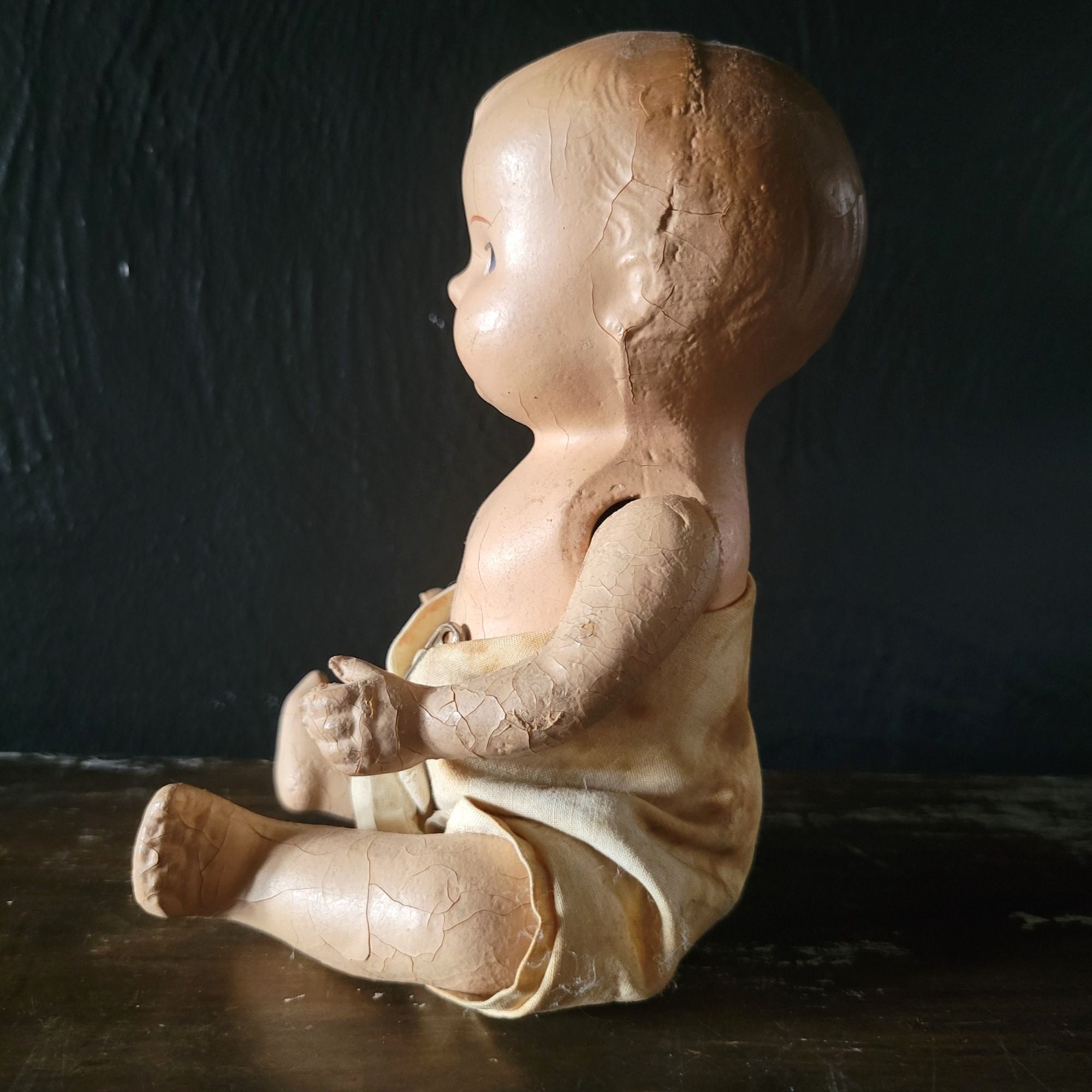 Antique Composition Doll w/Diaper Creepy Doll Spooky Halloween Decor Distressed