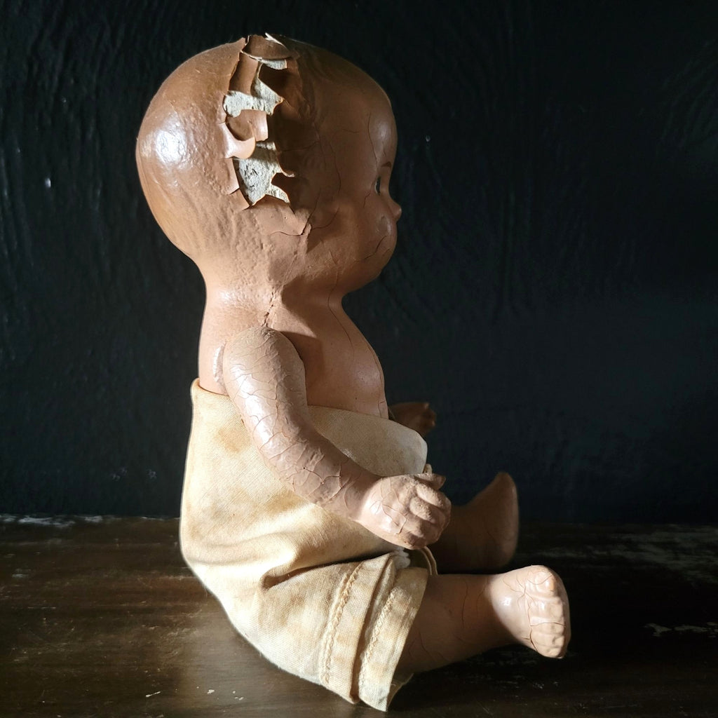 Antique Composition Doll w/Diaper Creepy Doll Spooky Halloween Decor Distressed