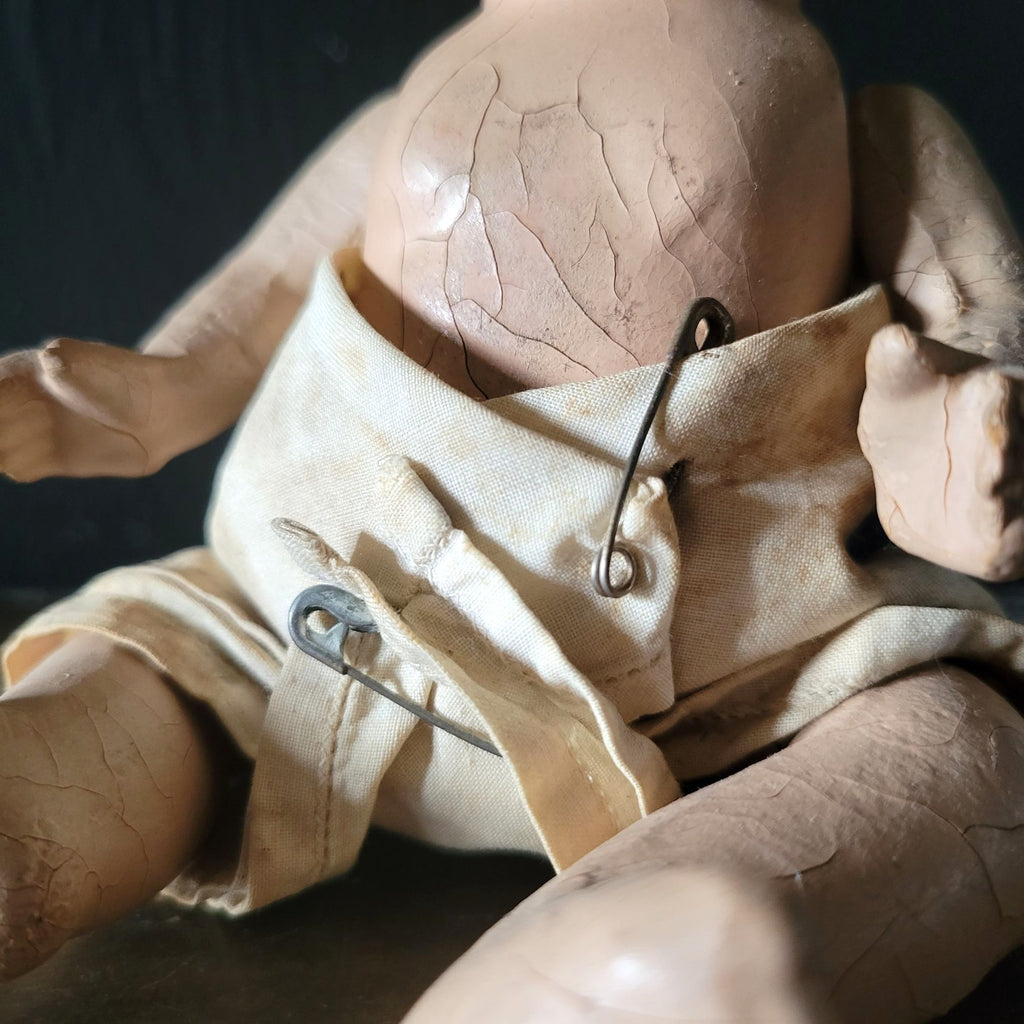 Antique Composition Doll w/Diaper Creepy Doll Spooky Halloween Decor Distressed