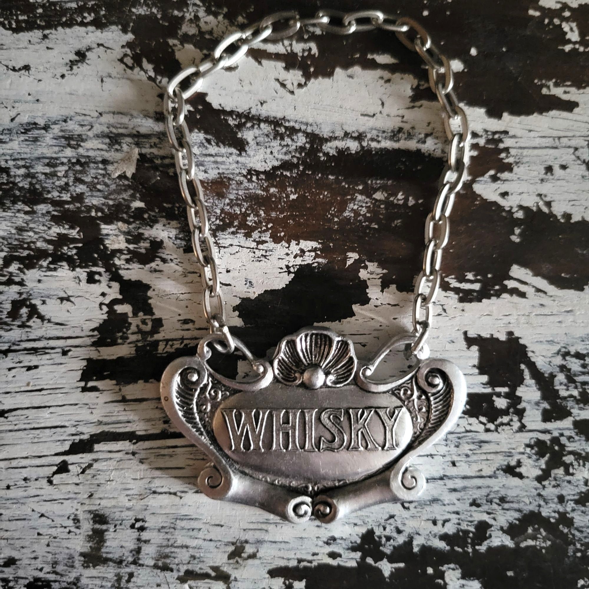 Vintage Pewter Whisky Decanter Label With Chain Made In Italy Elegant Barware