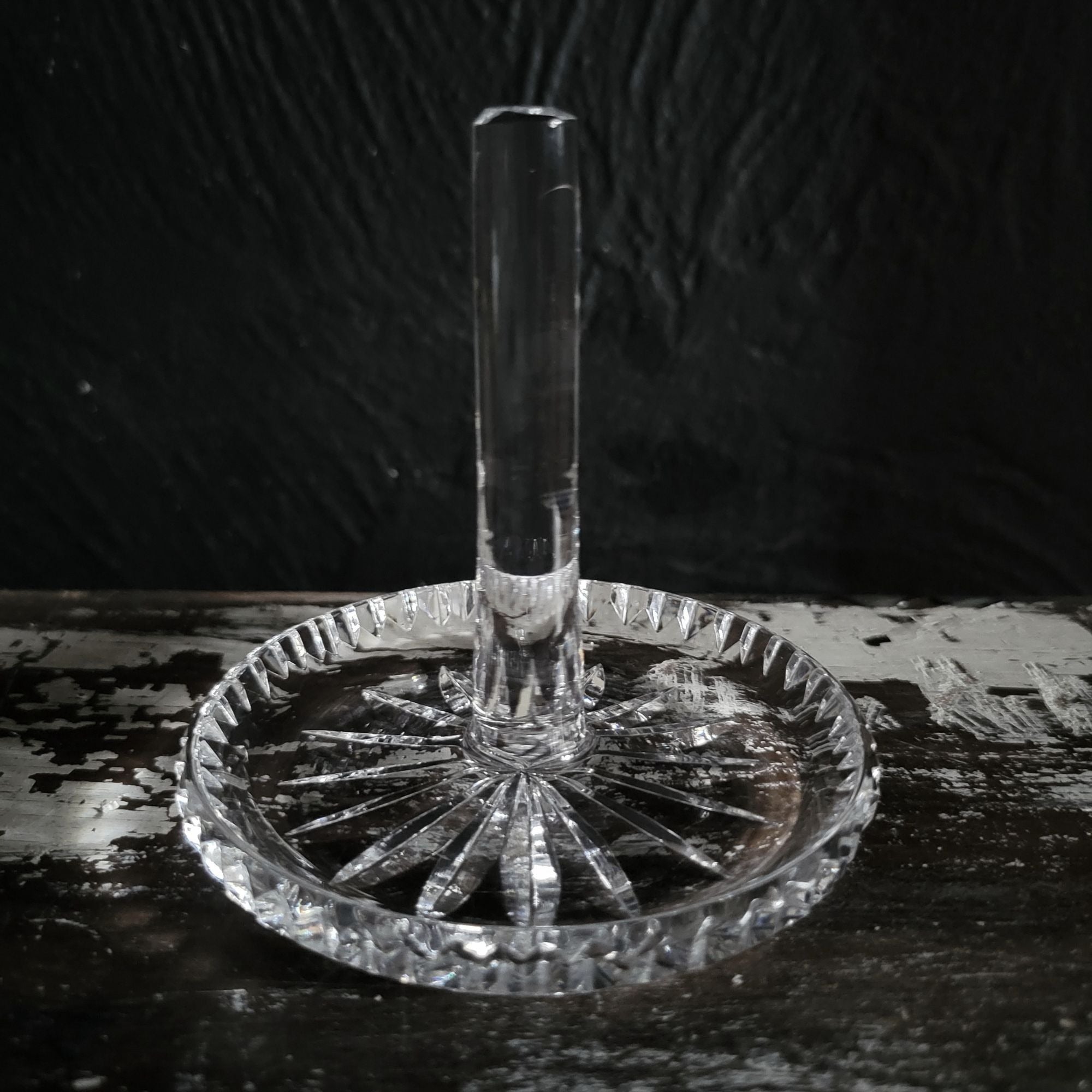 Vintage Crystal Ring Holder Jewelry Organizer With Starburst Pattern Tall Stem
