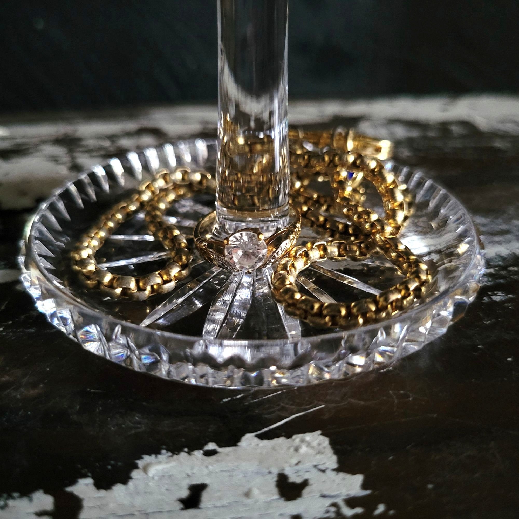 Vintage Crystal Ring Holder Jewelry Organizer With Starburst Pattern Tall Stem