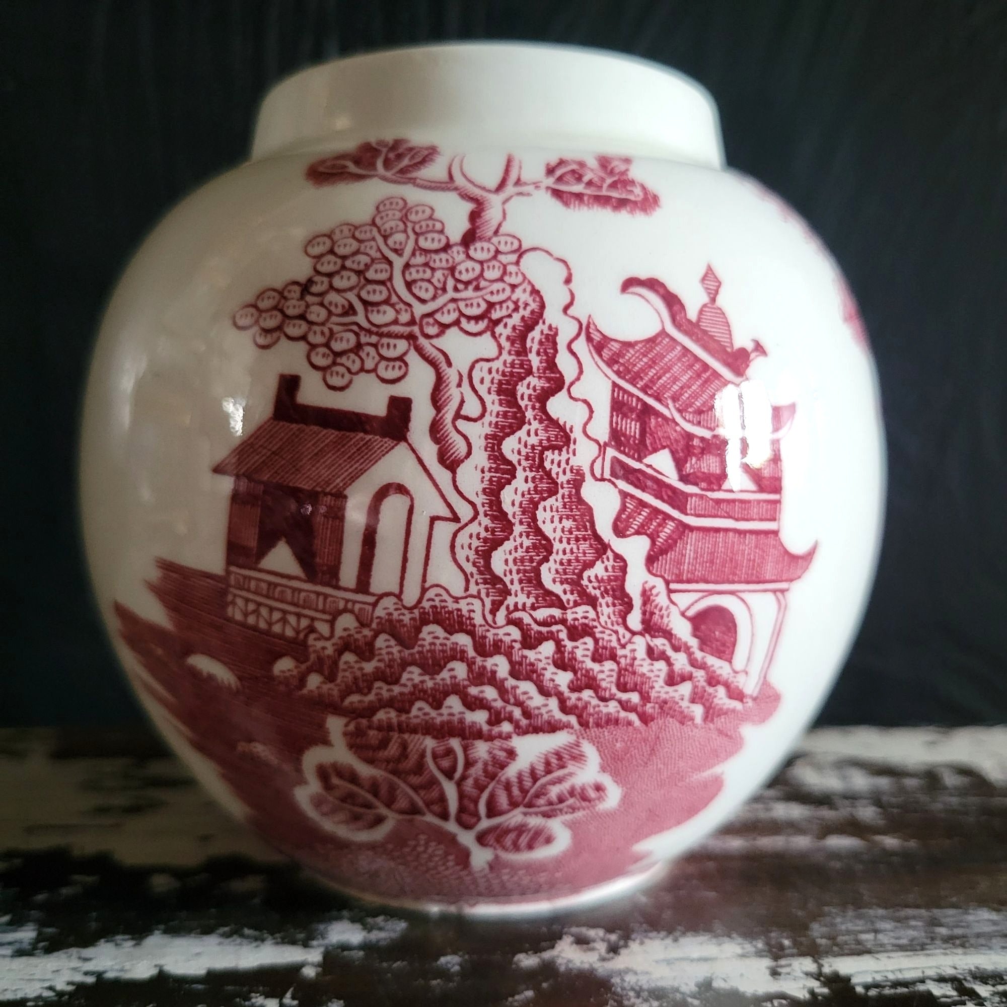 Vintage Masons Ironstone Ginger Jar Red Willow Pattern Chinoiserie *No Lid