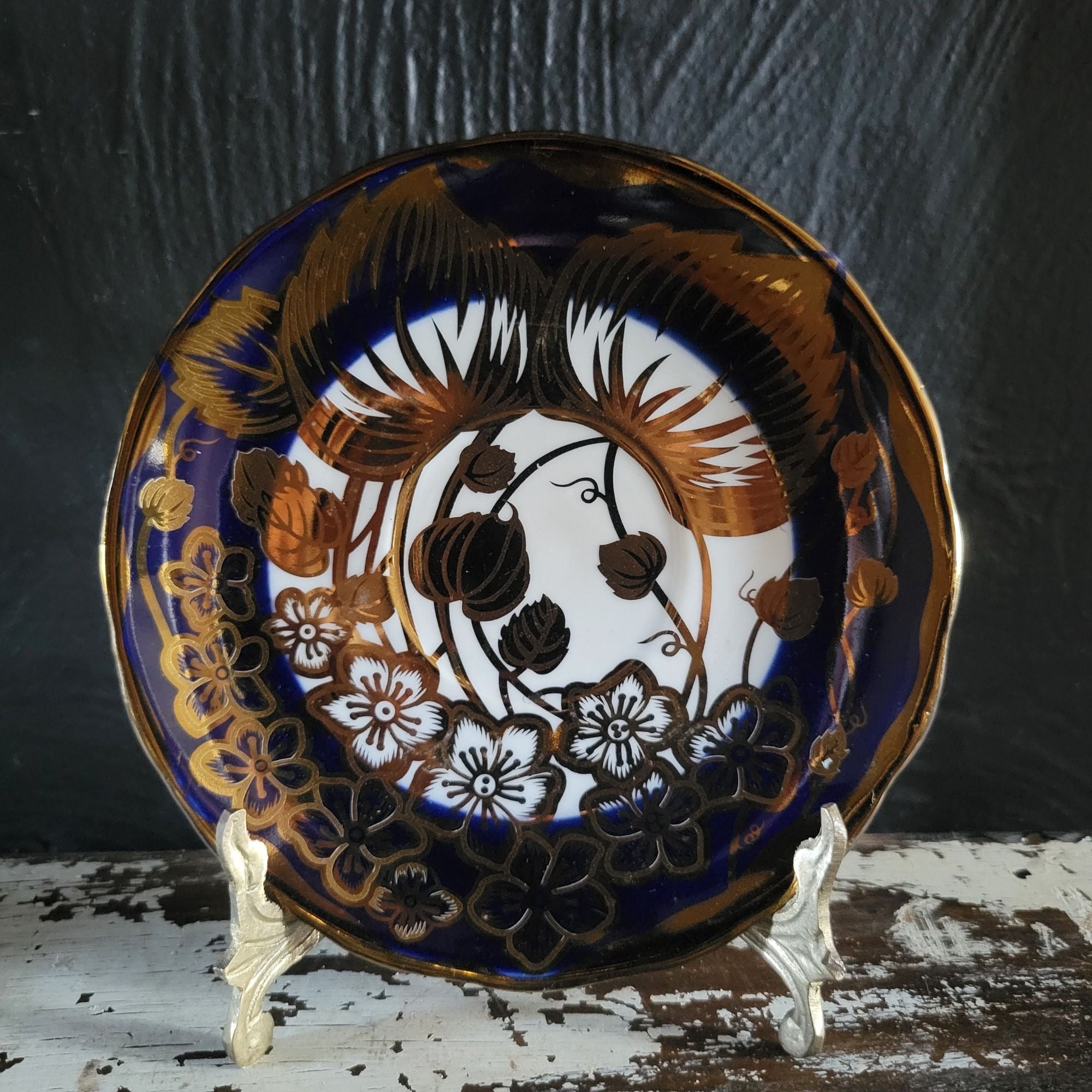 Vintage Cobalt Blue and Gold Porcelain Saucer With Floral Pattern