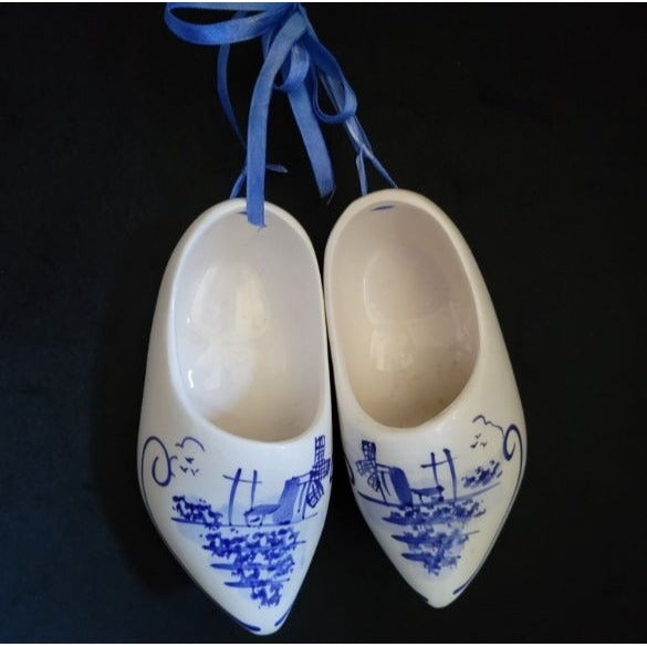 Pair of Vintage Delft Style Clogs, Blue and White Ceramic Clogs