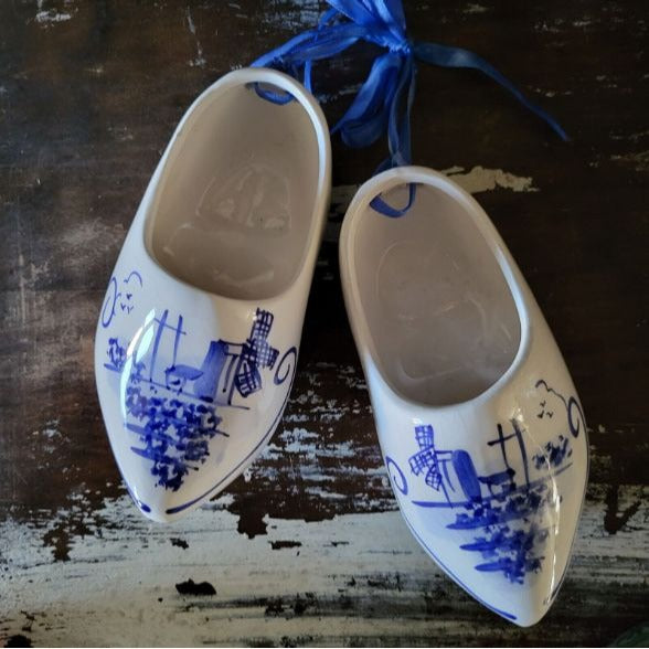 Pair of Vintage Delft Style Clogs, Blue and White Ceramic Clogs
