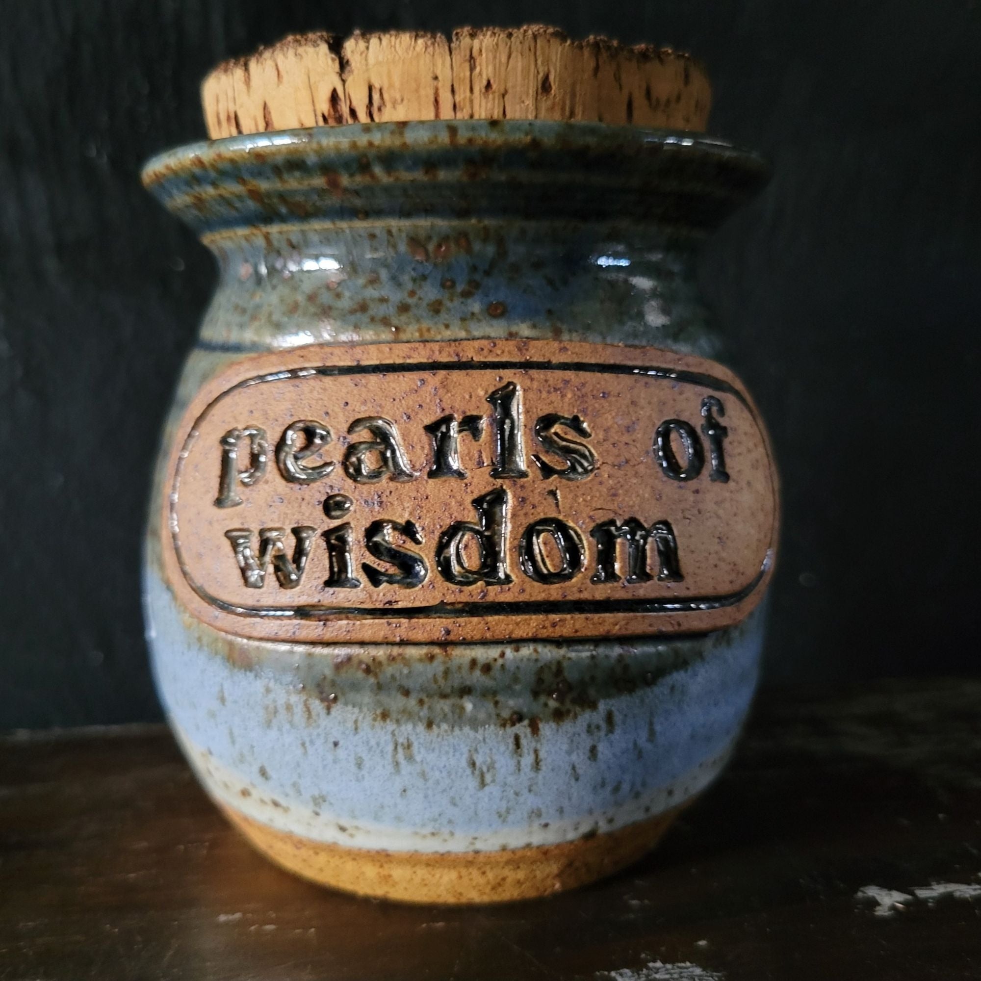 Vintage Handcrafted Ceramic "Pearls Of Wisdom" Jar With Cork Lid Blue & Tan Glaze
