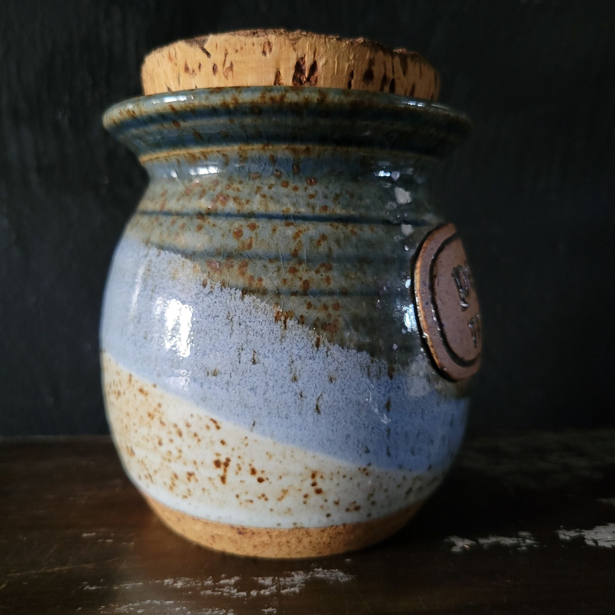 Vintage Handcrafted Ceramic "Pearls Of Wisdom" Jar With Cork Lid Blue & Tan Glaze