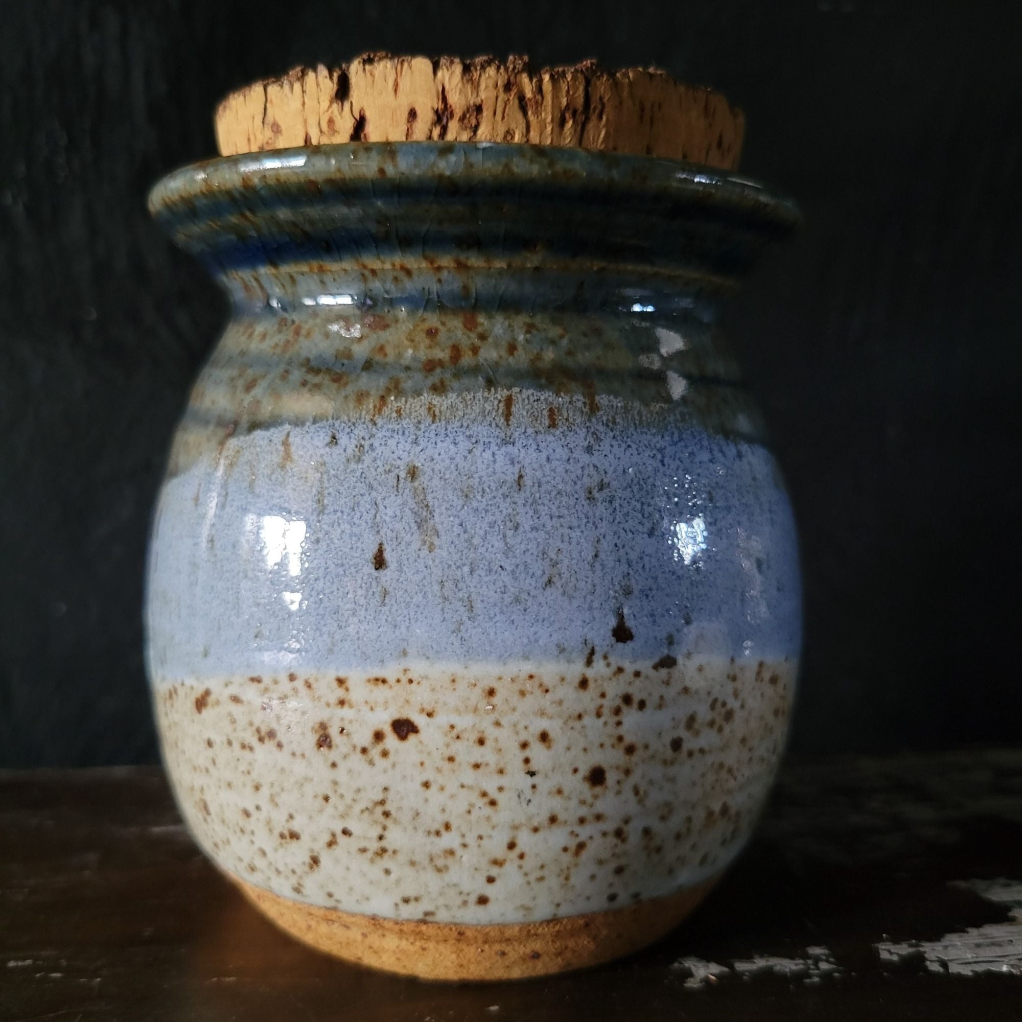 Vintage Handcrafted Ceramic "Pearls Of Wisdom" Jar With Cork Lid Blue & Tan Glaze