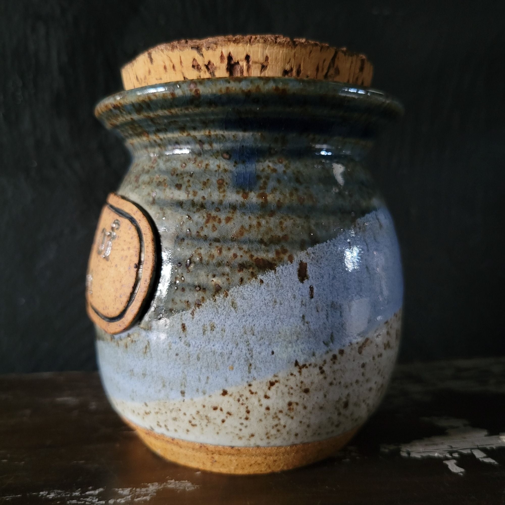 Vintage Handcrafted Ceramic "Pearls Of Wisdom" Jar With Cork Lid Blue & Tan Glaze