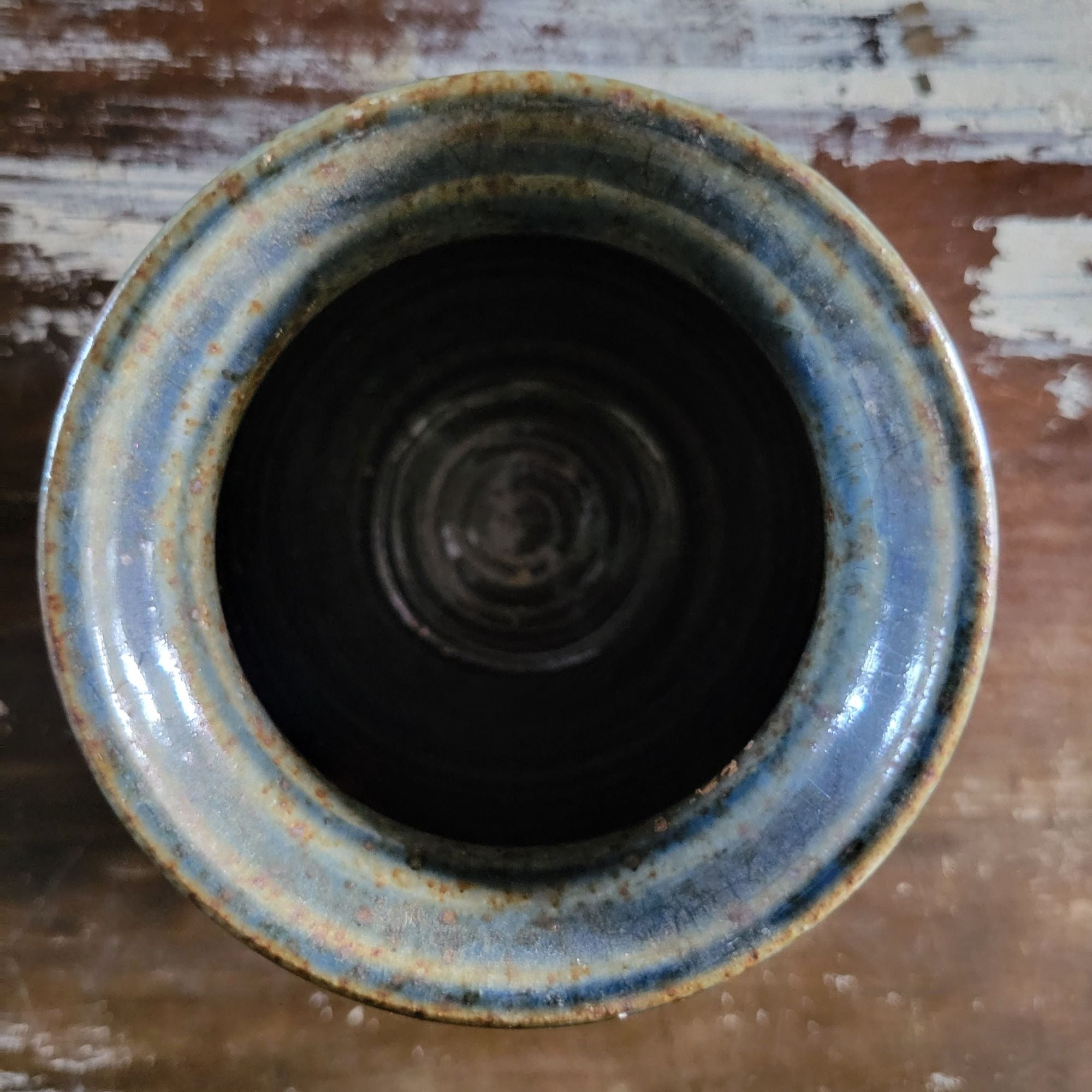 Vintage Handcrafted Ceramic "Pearls Of Wisdom" Jar With Cork Lid Blue & Tan Glaze