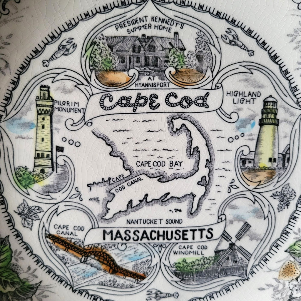 Vtg Cape Cod Massachusetts Souvenir Decorative Plate With Landmarks and Map