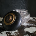 Vintage Pressed Glass Vanity Jar With Black Plastic and Brass Tone Metal Lid