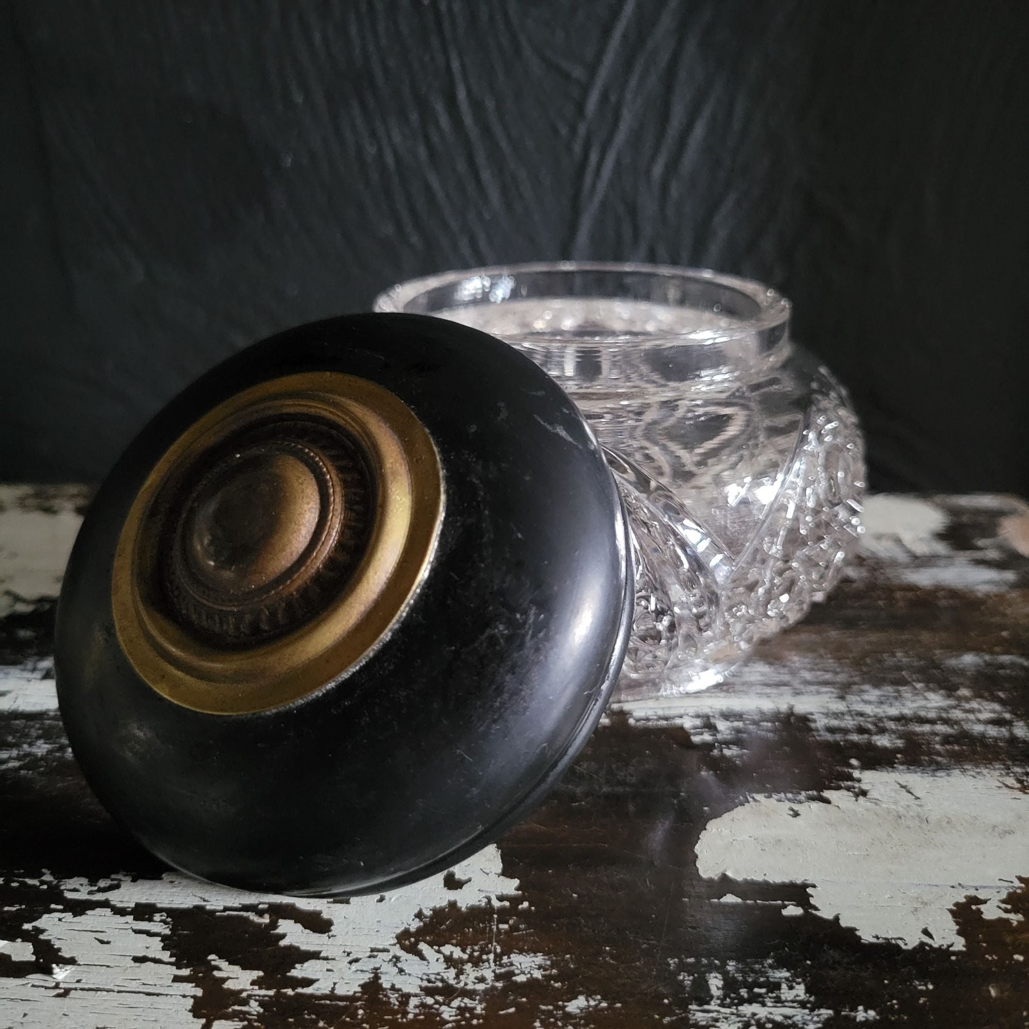 Vintage Pressed Glass Vanity Jar With Black Plastic and Brass Tone Metal Lid