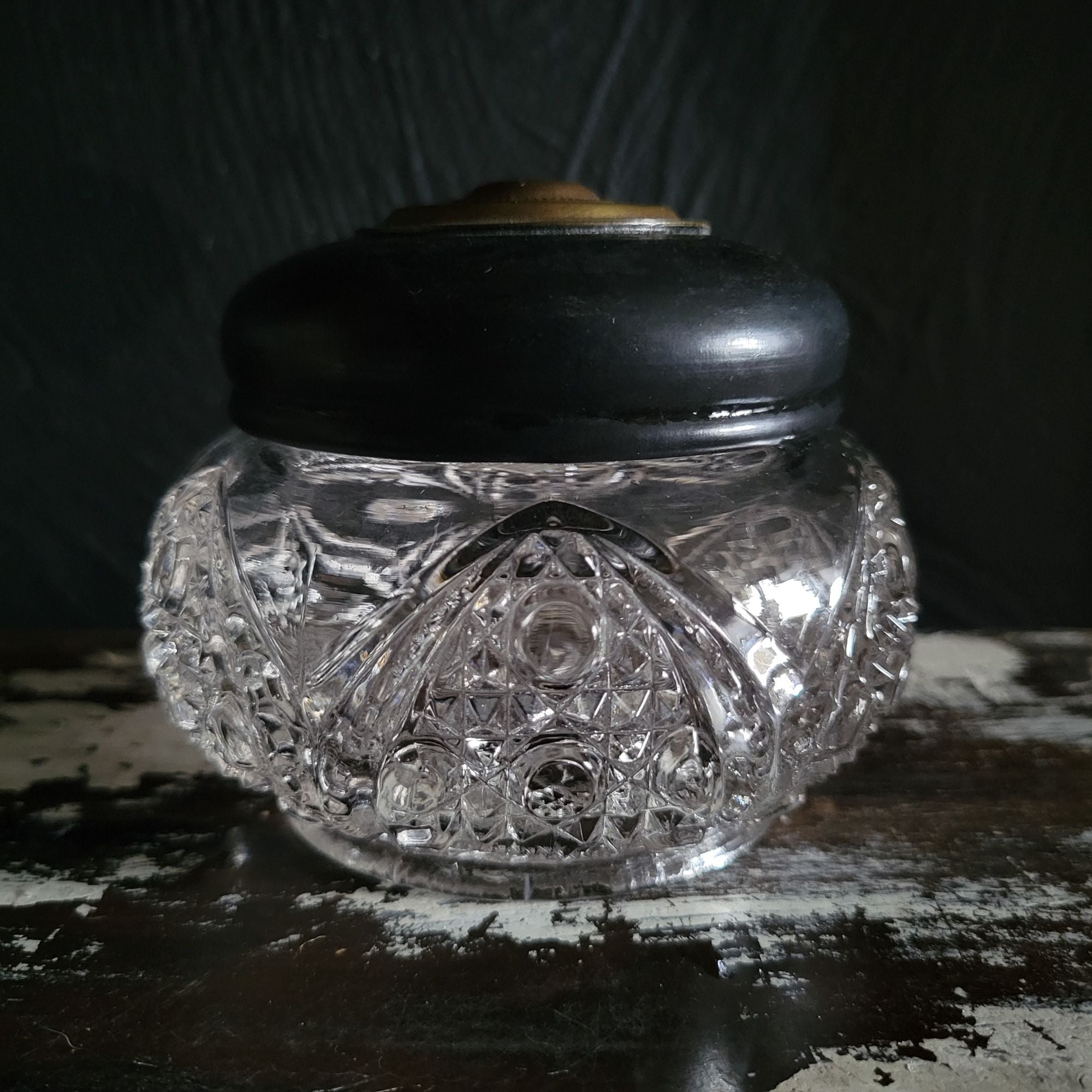 Vintage Pressed Glass Vanity Jar With Black Plastic and Brass Tone Metal Lid