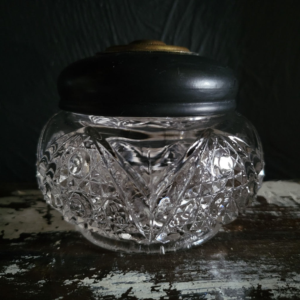 Vintage Pressed Glass Vanity Jar With Black Plastic and Brass Tone Metal Lid