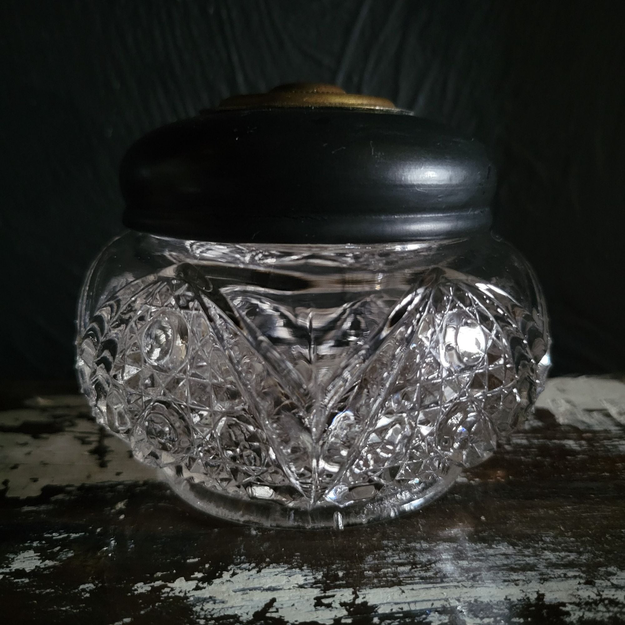 Vintage Pressed Glass Vanity Jar With Black Plastic and Brass Tone Metal Lid