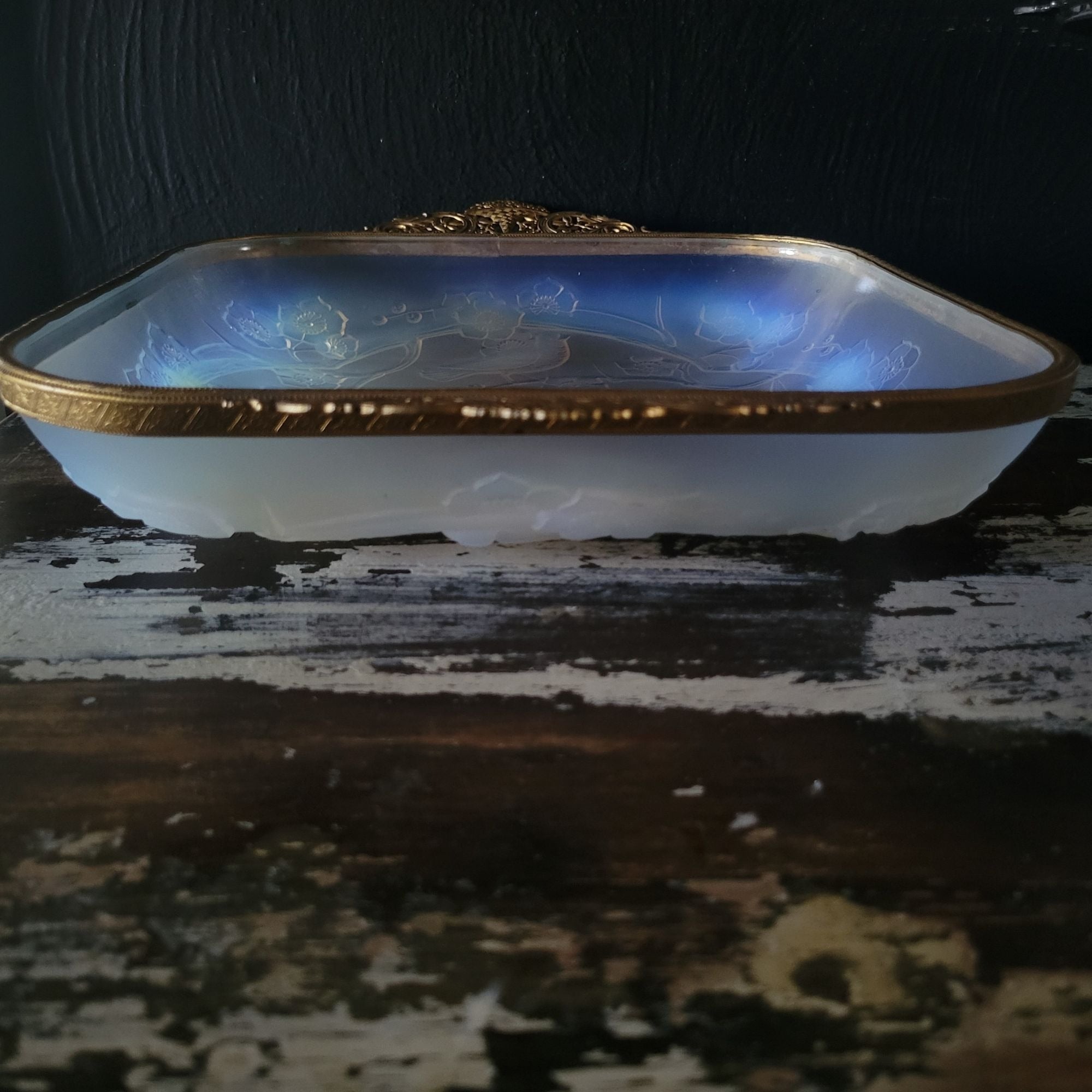 Antique French Julien Opalescent Glass Dish Birds & Floral Metal Rims & Handles