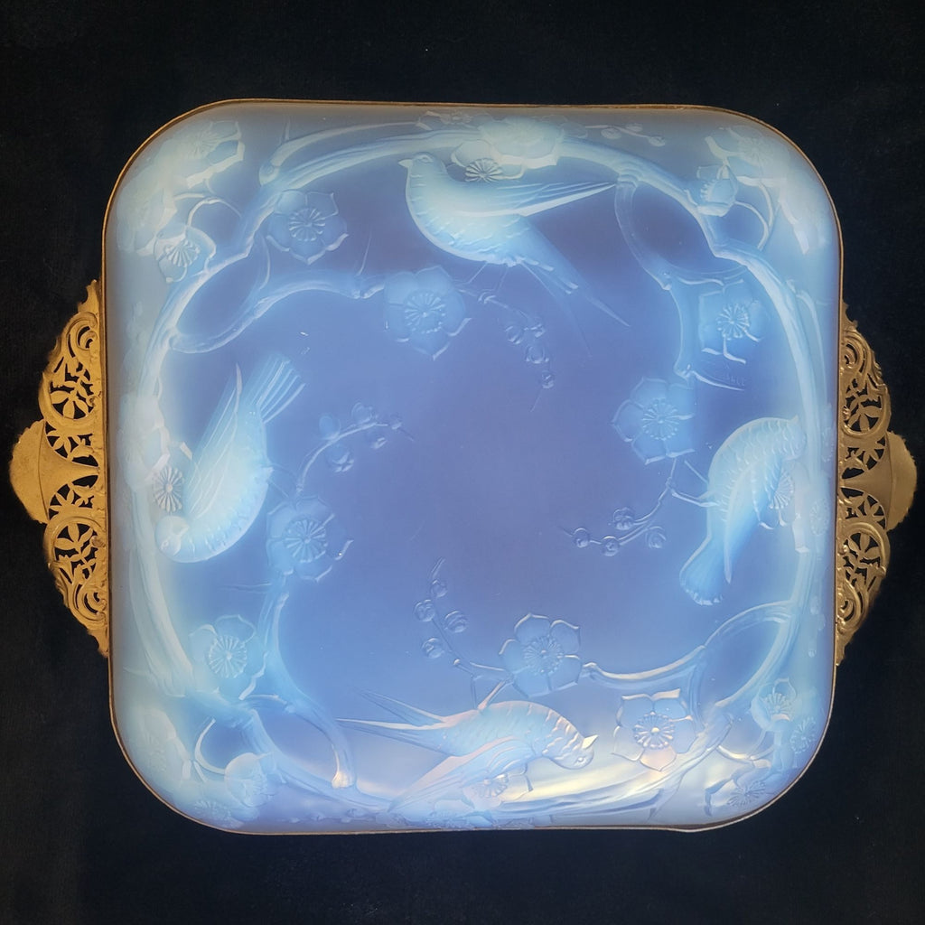 Antique French Julien Opalescent Glass Dish Birds & Floral Metal Rims & Handles