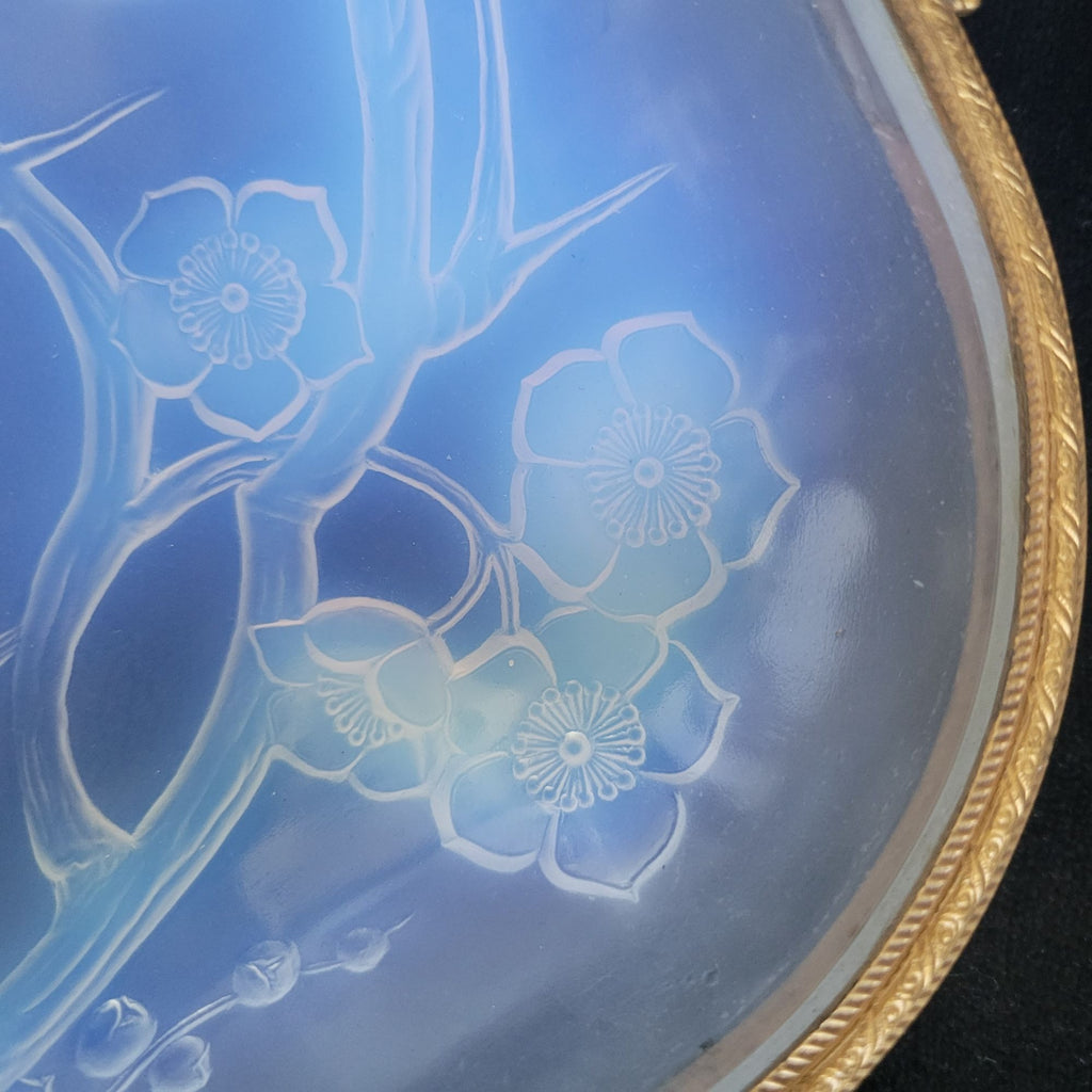 Antique French Julien Opalescent Glass Dish Birds & Floral Metal Rims & Handles